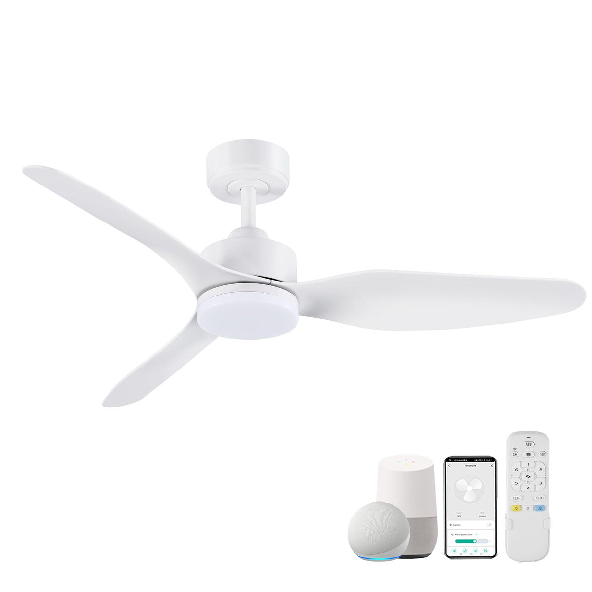 52" Wood Low Profile Ceiling Fans with Lights Remote,Flush Mount,Smart | Alexa/App Control,Easy Install,Quiet,Light Wood White,Hugger LED Ceiling Fan for Modern Outdoor Indoor Patio Bedroom,High CFM