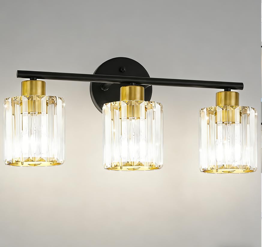 Modern Brushed Nickel Crystal Bathroom Light Fixtures,3-Light | Bathroom Lighting Fixtures over Mirror,Vanity Lights for Mirror, Restroom(Ceramic E26 Socket,Bulbs Not Include)