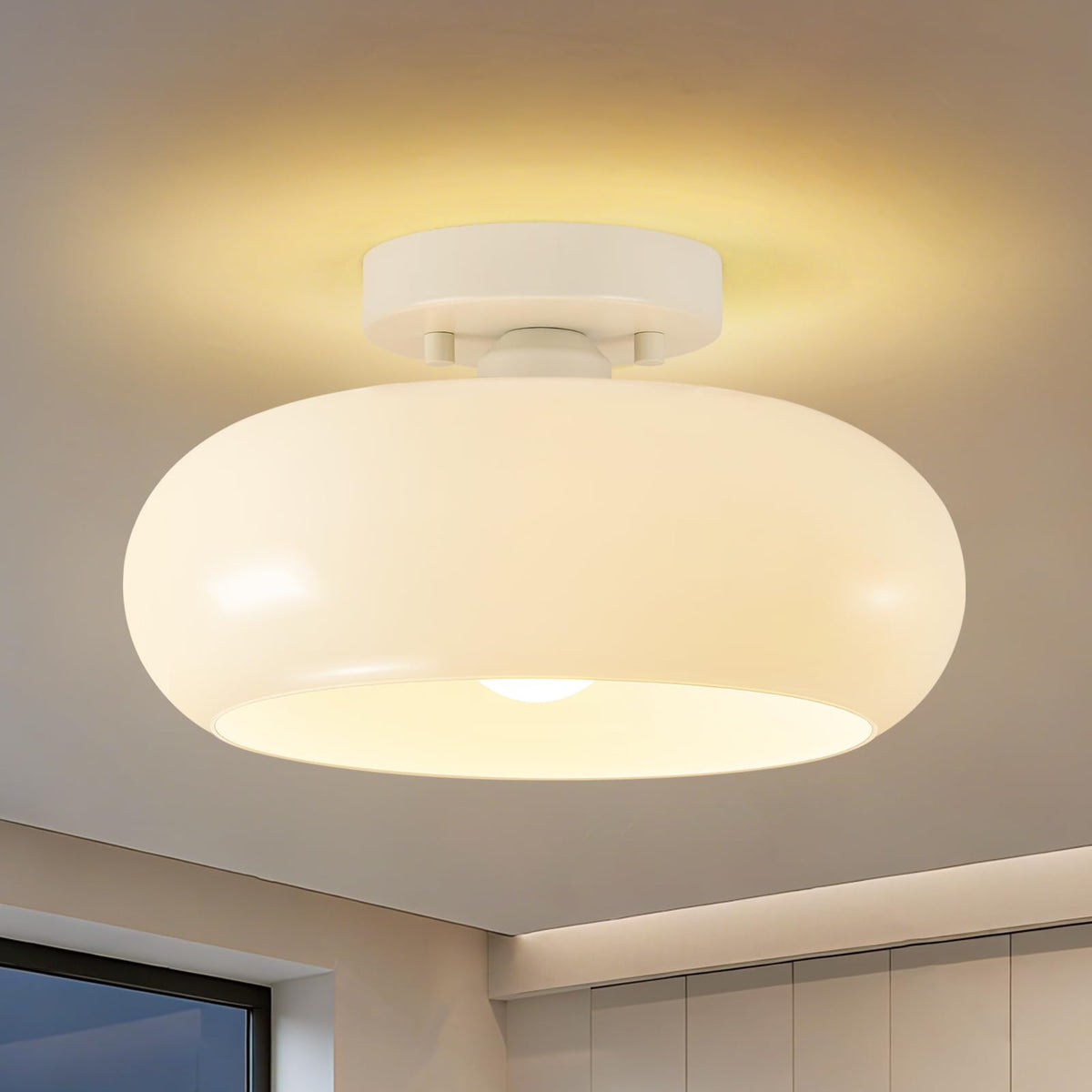 WOKNOS Mid-Century Modern Gold Semi Flush Ceiling Light 11.0 Inch | Small White Glass Shade Close to Ceiling Lighting Fixture For Kitchen Entryway Hallway Bathroom Closet Bedroom Laundry Room