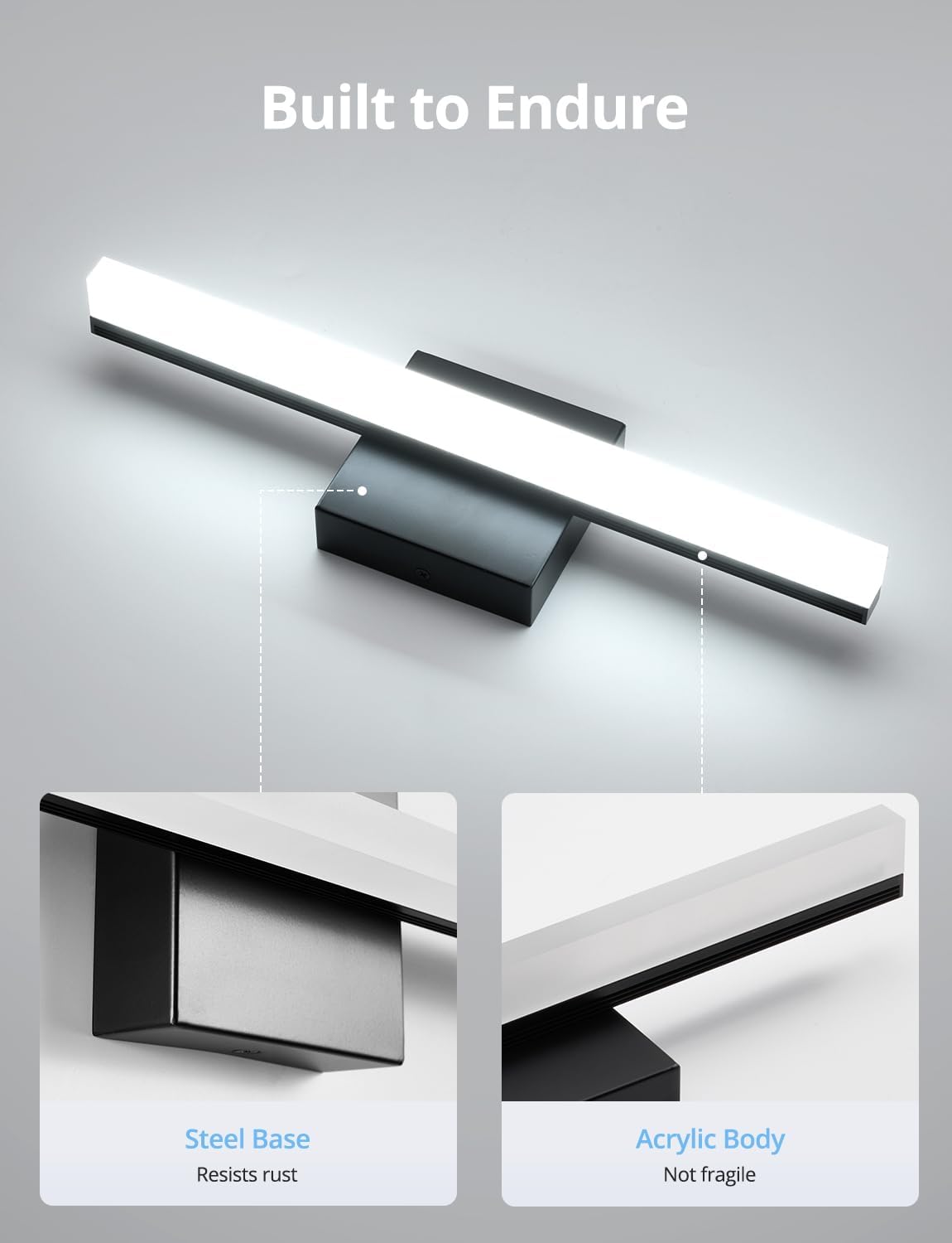 Black Bathroom Light Fixtures Over Mirror Lighting Gentle, 9W 16 Inch Modern LED Small Vanity Lamp Bar IP44 Slim Linear Bath Wall Sconces for Restroom Indoor Cool White 6000K