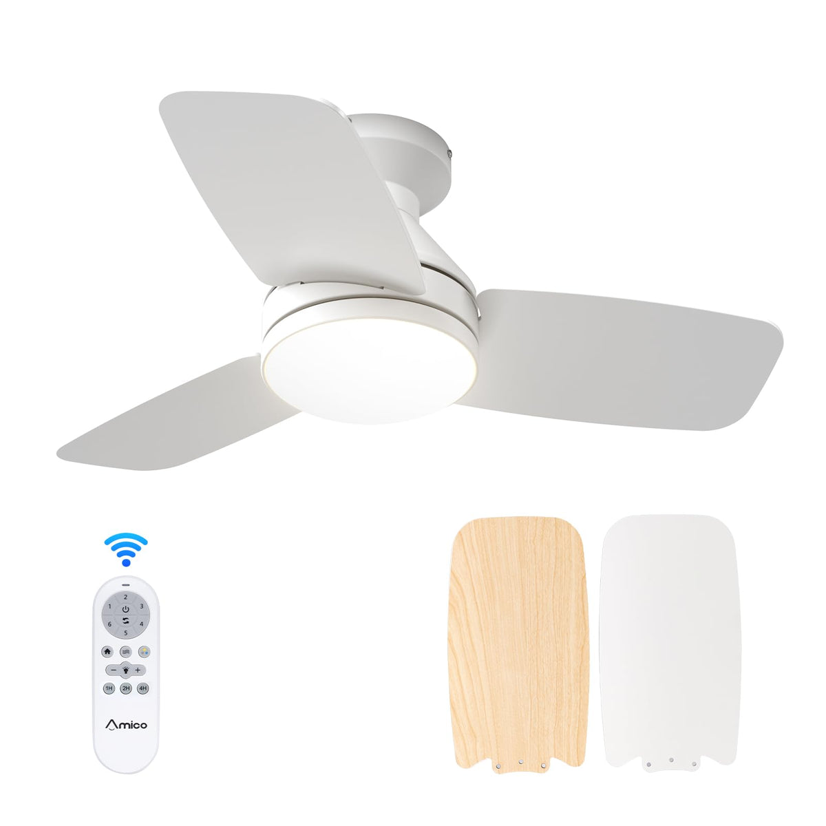 Amico 52 Inch Black Low Profile Ceiling Fans with Lights and Remote | Flush mount, 3-color dimmable light, quiet reversible DC motor, easy install, memory, timer, bedroom, covered outdoor areas