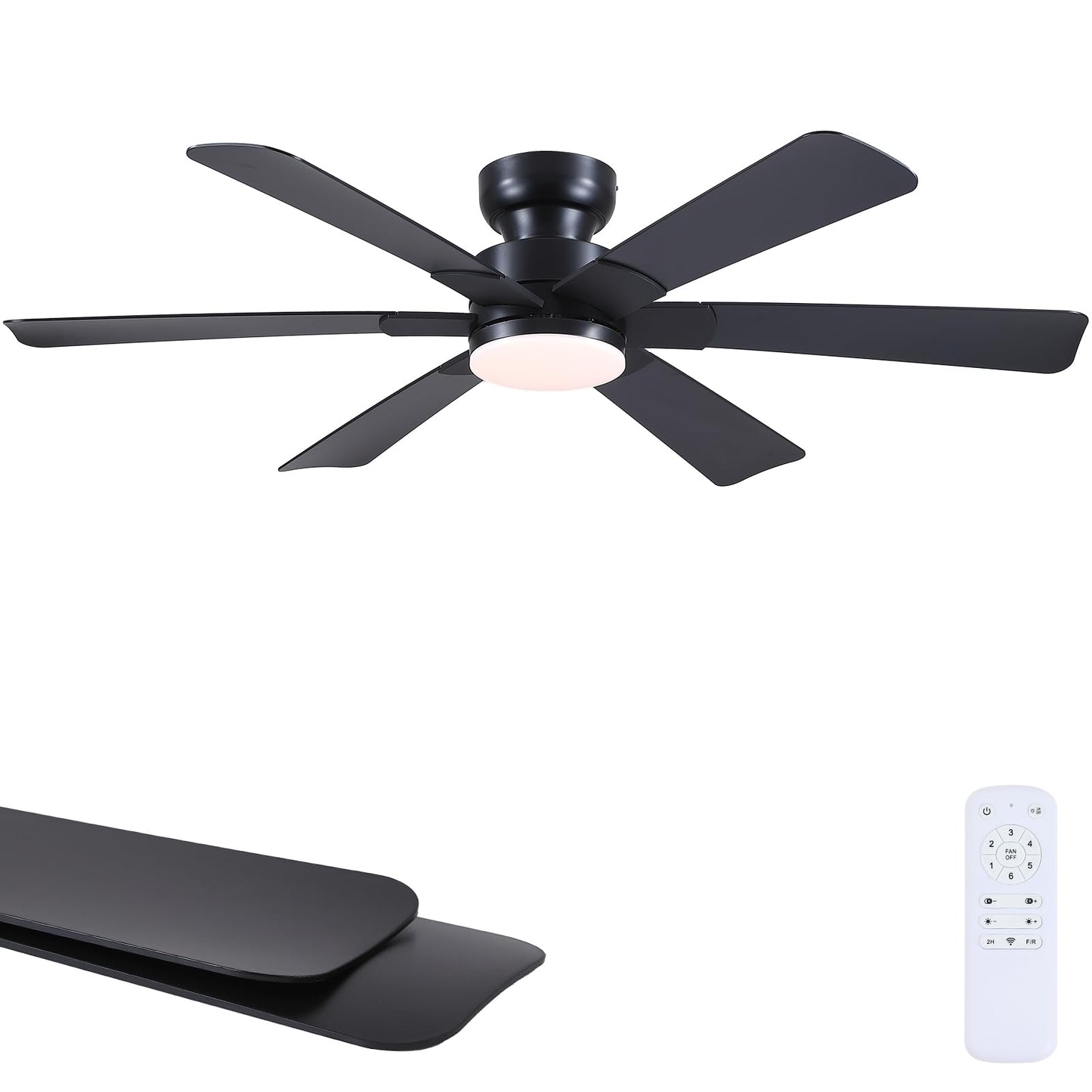 Asyko 46"Black 6-Blade Modern Low Profile Ceiling Fan with Light and Remote | 6 Double-Sided Blades,6 Wind Speeds, Reversible,Dimmable 3 CCT LED Light, 25W Quiet DC Motor,1/2H Timer,for Bedroom Kitchen