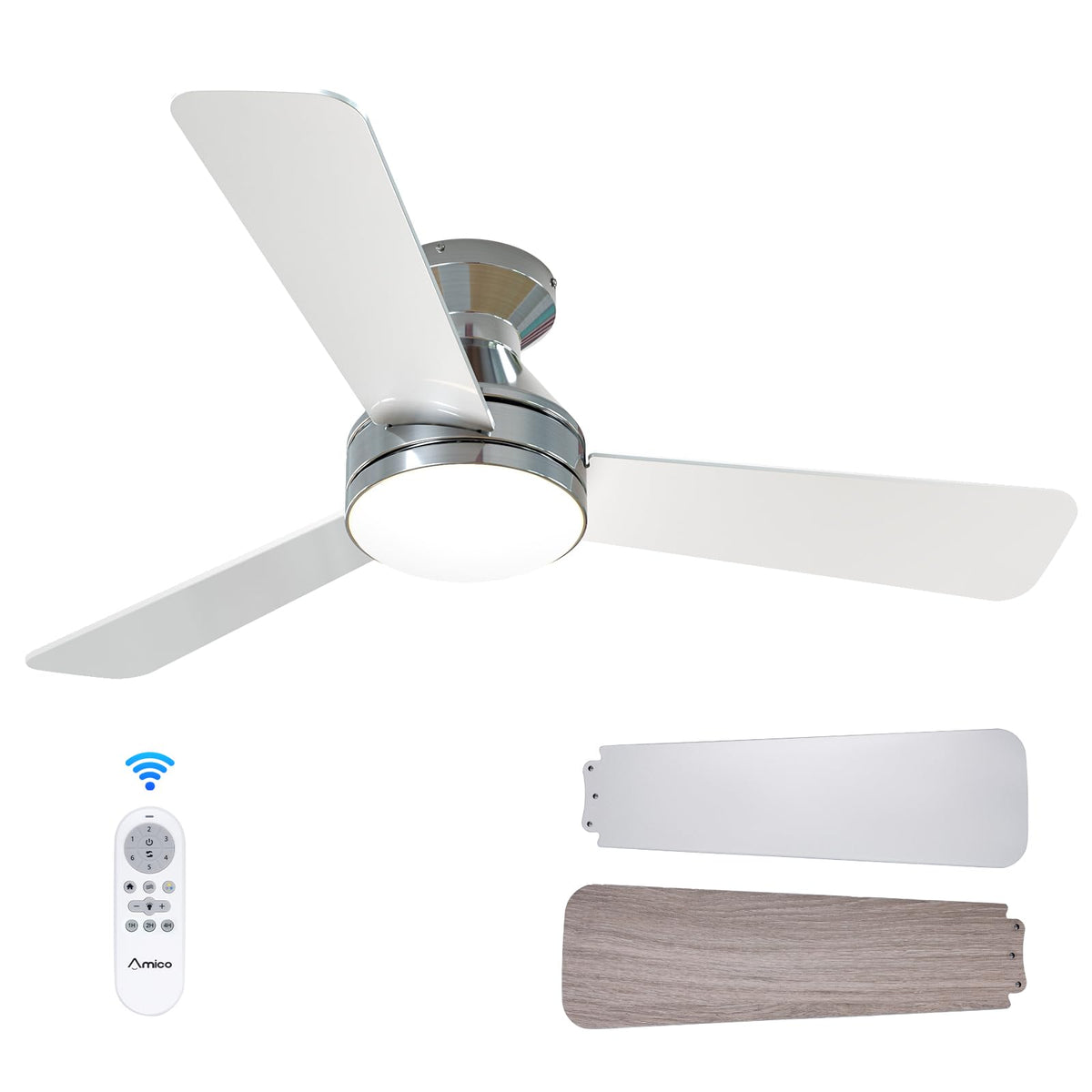 Amico 42 Inch White Low Profile Ceiling Fans with Lights and Remote | Flush mount, 3-color dimmable light, quiet reversible DC motor, easy install, memory, timer, bedroom, covered outdoor areas