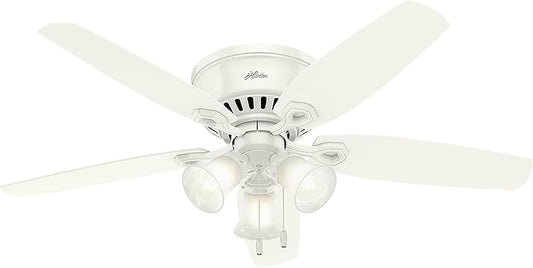 Hunter Builder, Indoor, Ceiling Fan, with LED Lights, 52 inch, Snow White | Low Profile Flush Mount, Pull Chain, 5 Blades, For Bedroom, Living Room, Kitchen, 53326