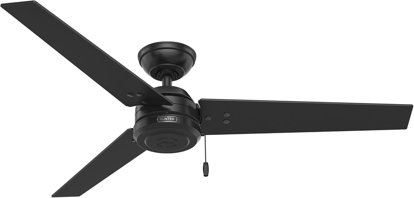 Hunter Cassius, Outdoor or Indoor, Ceiling Fan, 52 inch, Matte Black | No Light, Standard Mount, Pull Chain, 3 Blades, For Living Room, Patio, Porch, Garage, 59264