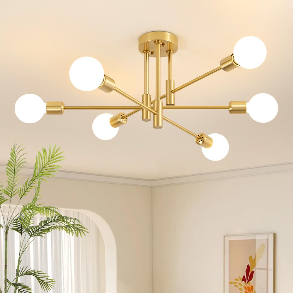 Modern Chandelier Ceiling Light Fixture, 6-Light Sputnik Dining Chandeliers | 31.18" Gold Chandelier Over Table, Mid Century Lights Fixture, Ideal for Dining Room Living Room Kitchen Island(No Lampshade)