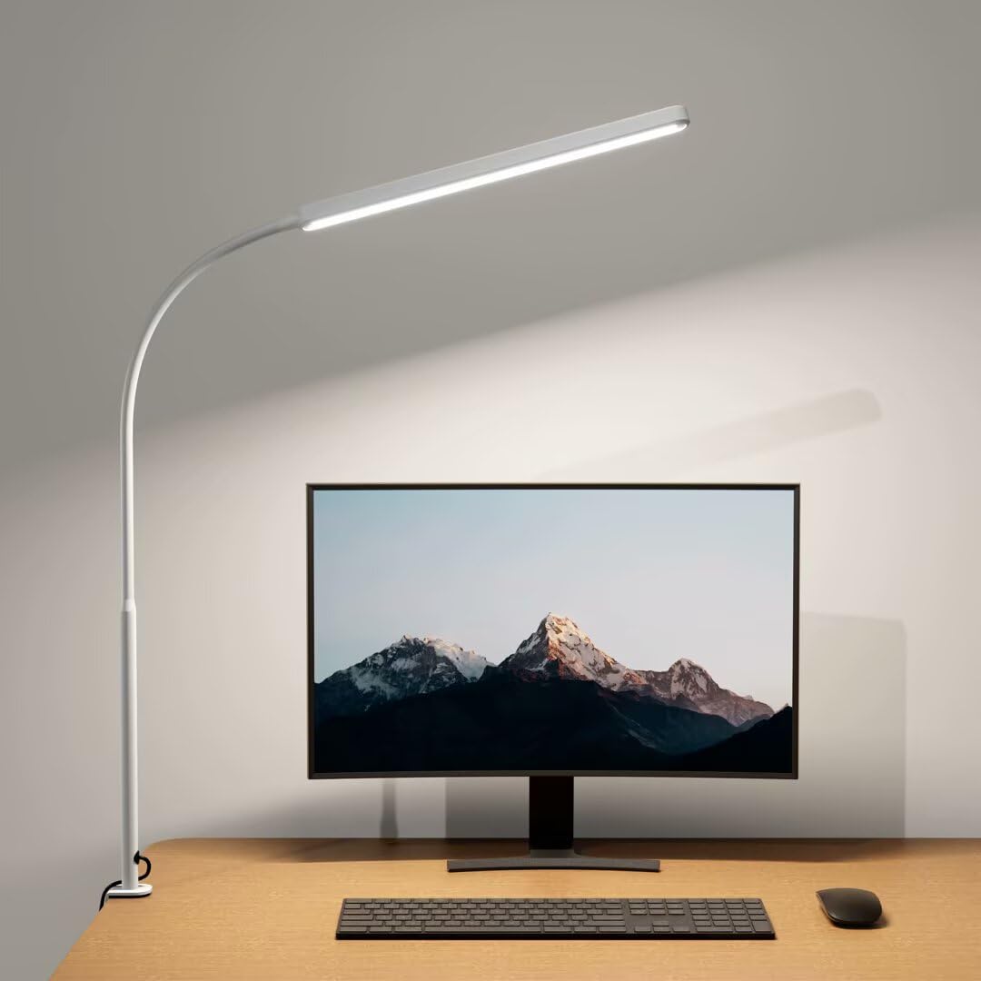 SUPERDANNY Eye-Caring LED Desk Lamp Work Lamp Office Lamp with Side Clamp | Black, Touch Control, 360° Flexible Gooseneck, 3 Modes Smooth Dimming, Memory Function, Adapter, Metal, for Home Office Dorm