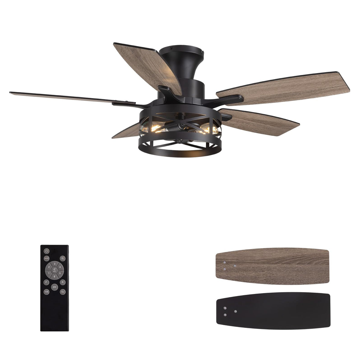 52 Inch Ceiling Fan with Light and Remote Control, Farmhouse Ceiling Fan with LED Lighting for Bedroom Living Room and Patio, Black Caged Ceiling Fan for Indoor and Outdoor(NO Bulbs)