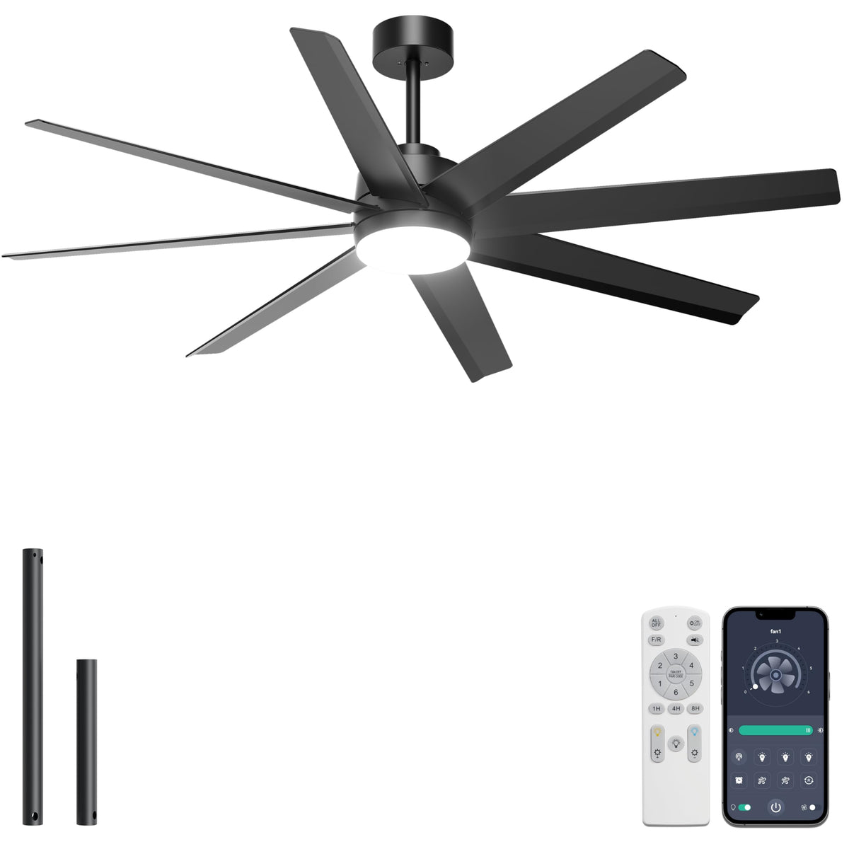 Ohniyou 60" Black Ceiling Fan with Light for Patio, Porch, Living Room | Remote/App Control, Quiet DC Motor, 3CCT Dimming, Modern Covered Outdoor Fan with 8 ABS Blades