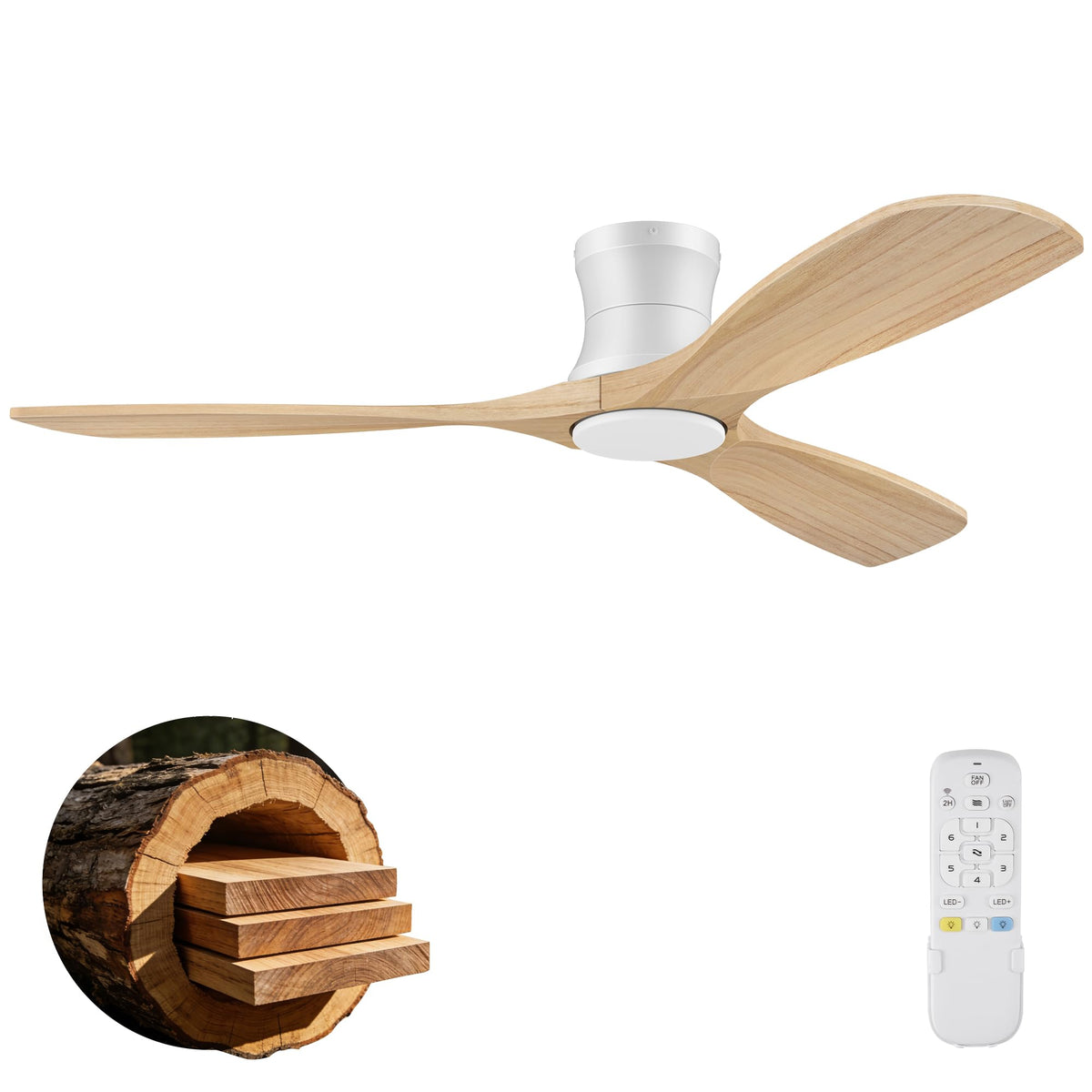 52" Wood Low Profile Ceiling Fans with Lights Remote,Flush Mount,Smart | Alexa/App Control,Easy Install,Quiet,Light Wood White,Hugger LED Ceiling Fan for Modern Outdoor Indoor Patio Bedroom,High CFM