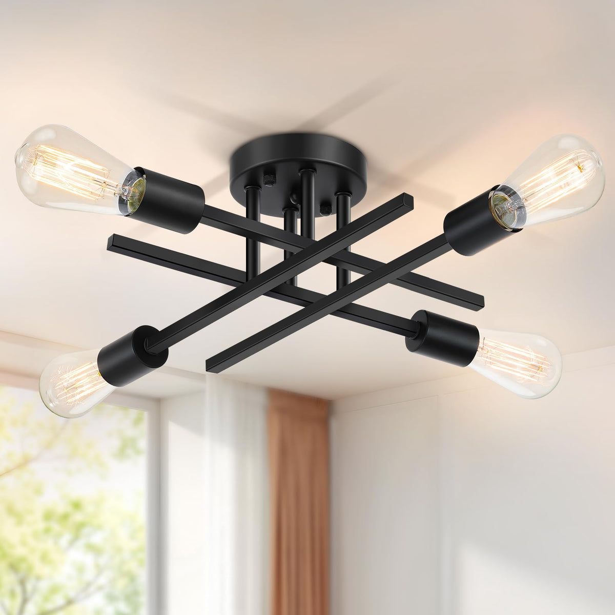 Industrial 4-Light Semi Flush Mount Ceiling Light Fixture, Modern Farmhouse Lights Matte Black, Rustic Sputnik Chandelier for Bedroom Foyer