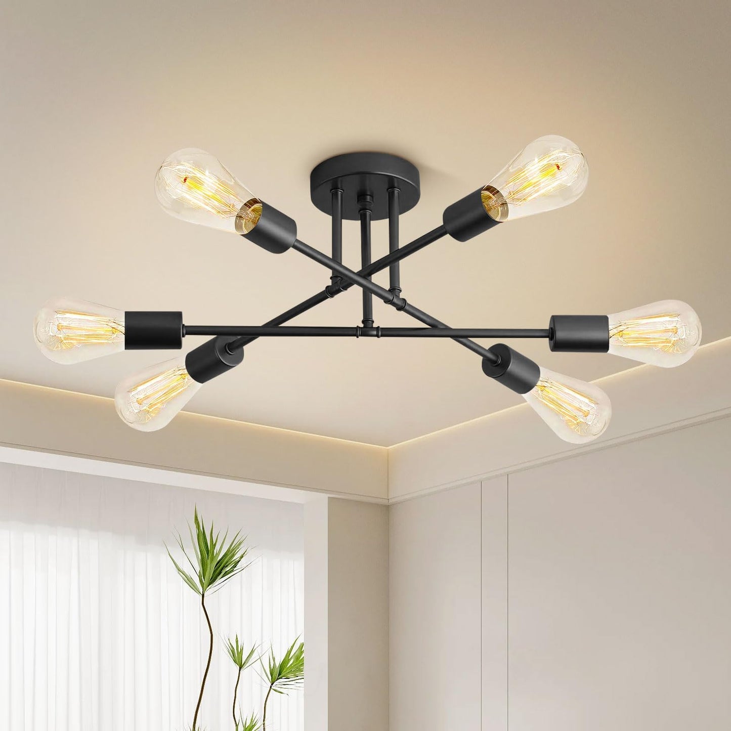 Ceiling Light, 4-Light Matte Black Semi Flush Mount Ceiling Light Fixture | Modern Dining Room Light Fixture with E26 Base,Kitchen Lighting Fixtures Ceiling, Sputnik Chandelier for Bedroom Living Room