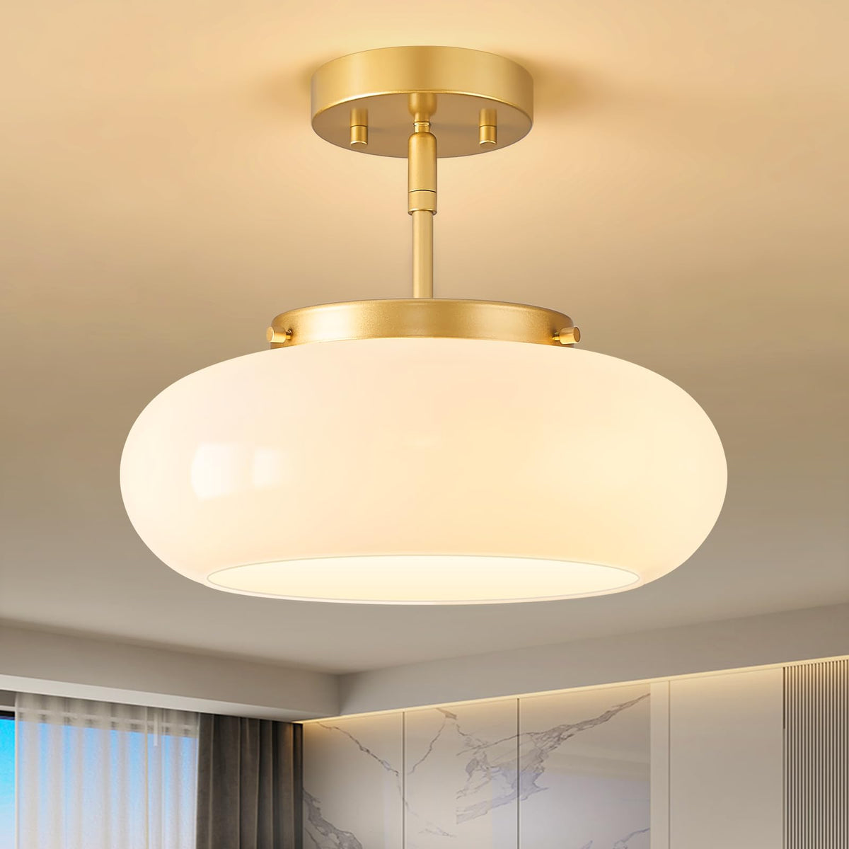 WOKNOS Mid-Century Modern Gold Semi Flush Ceiling Light 11.0 Inch | Small White Glass Shade Close to Ceiling Lighting Fixture For Kitchen Entryway Hallway Bathroom Closet Bedroom Laundry Room
