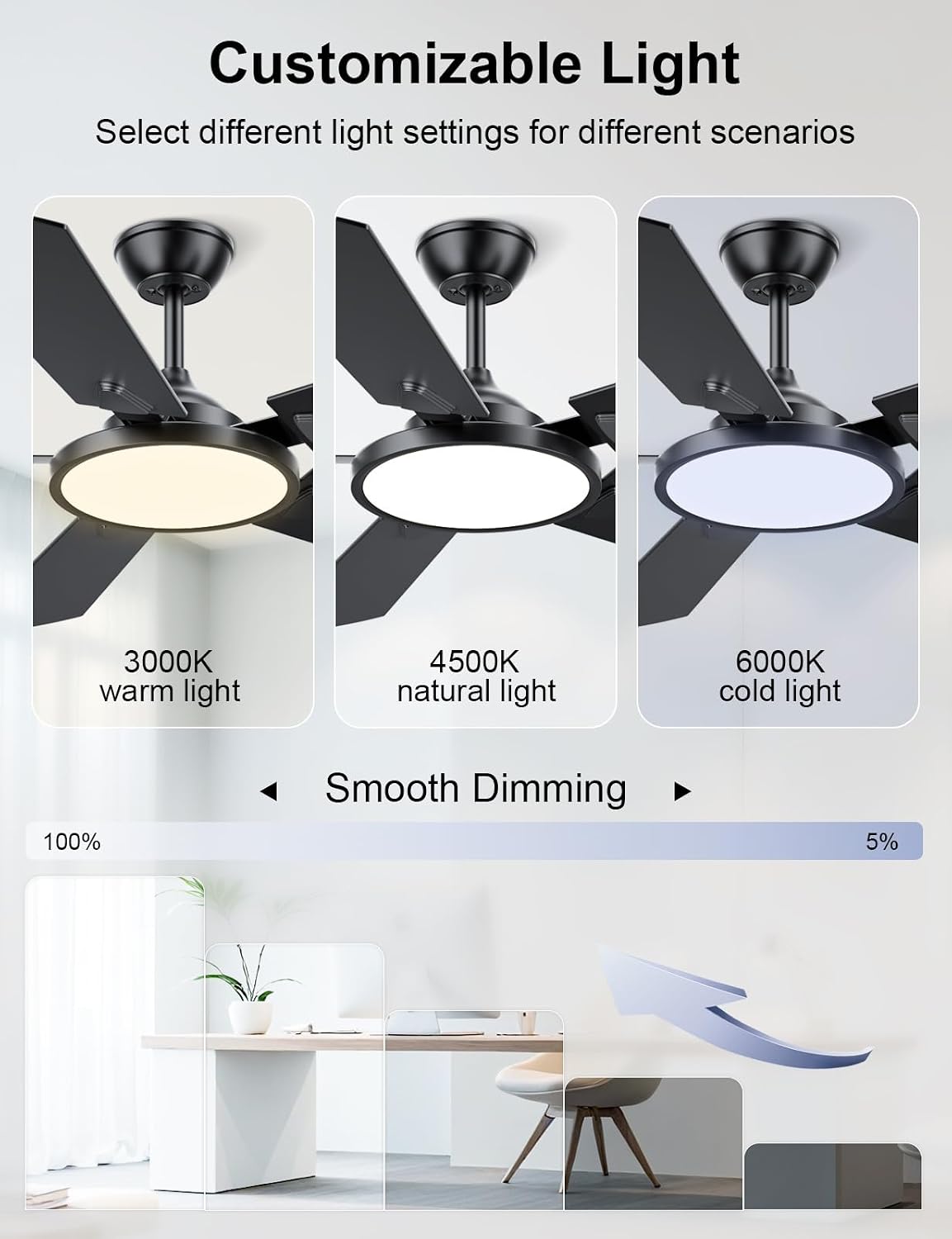OJX Ceiling Fans with Lights, 52 inch Ceiling fan with Light and Remote/APP Control, 3CCT, Quiet DC Reversible, Dimmable, Modern Ceiling Fan for Bedroom, Living Room, Kitchen, Indoor/Outdoor Use