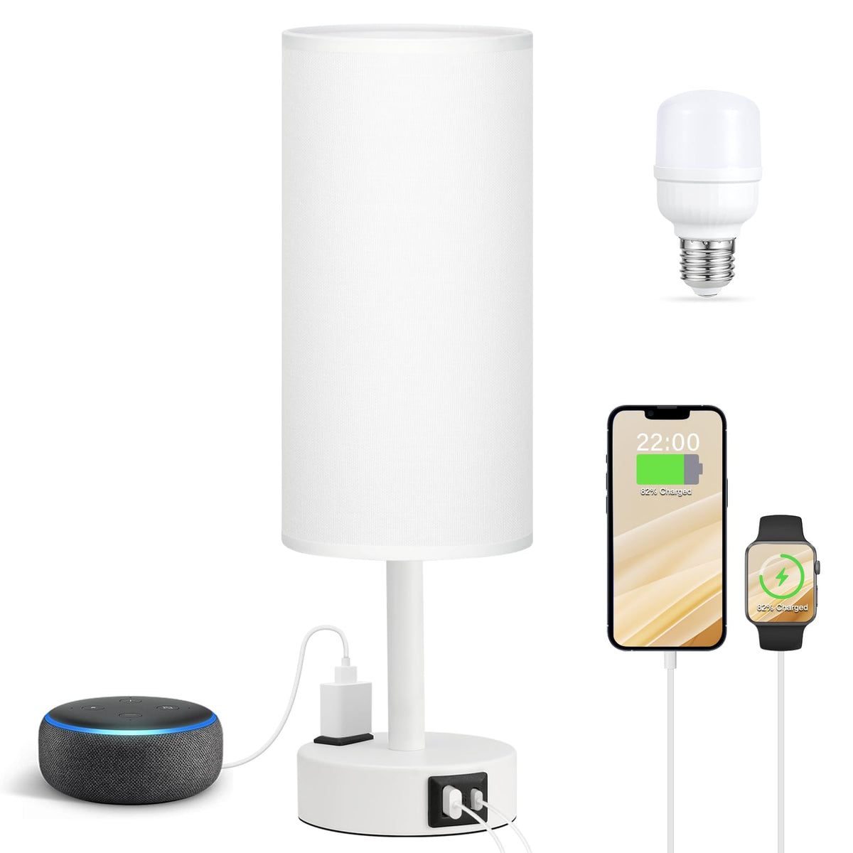 Bedside Table Lamp for Bedroom - Dimmable Touch, USB A+C, AC Outlet | 3-Way Dimmable, LED Bulb Included, Fabric Lampshade, Wood-Grain Metal Base, 14" Small Nightstand Lamp for Desk, Living Room