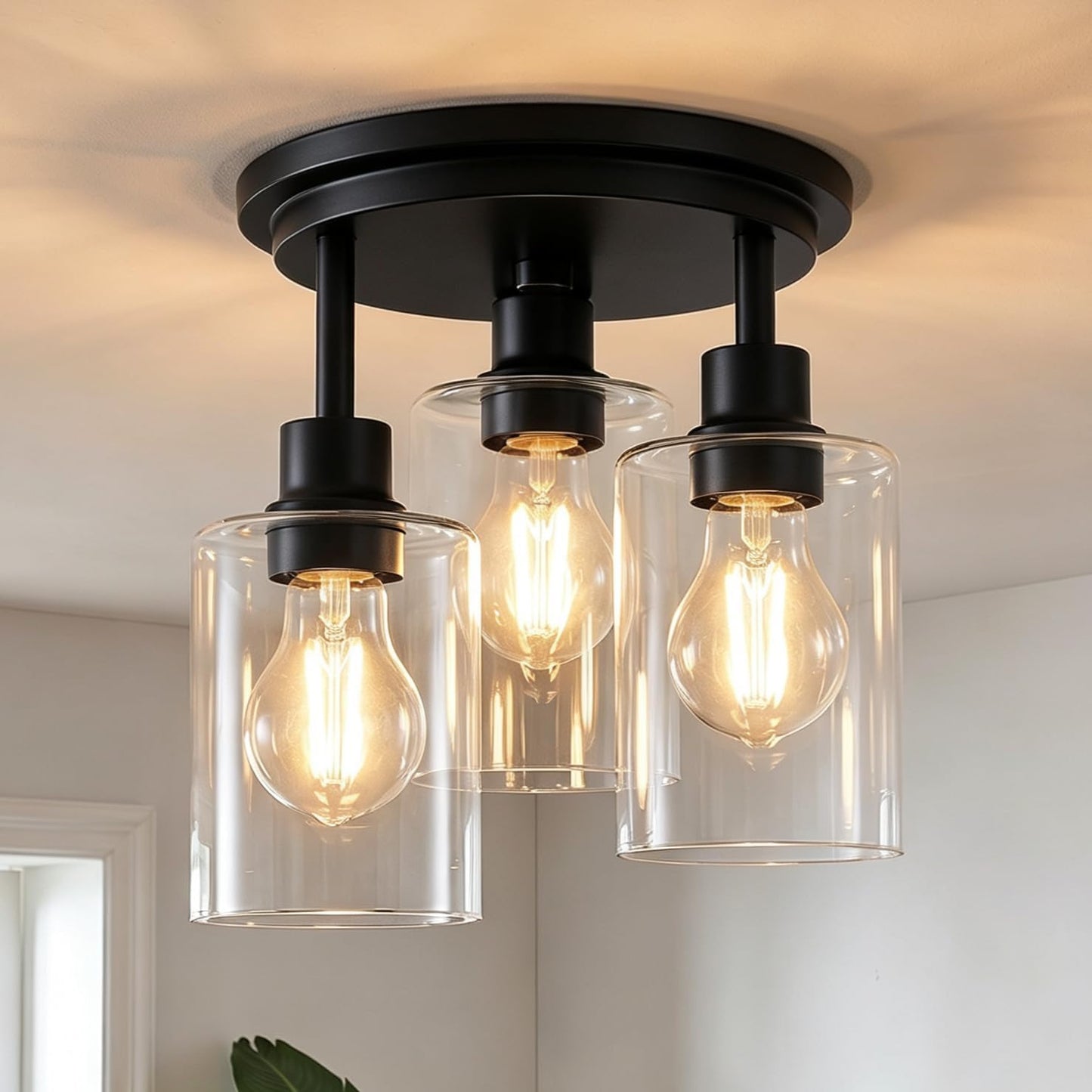 ROTTOGOON Semi Flush Mount Ceiling Light, Close to Ceiling Lights Fixtures, 3 Light Kitchen Ceiling Lights Fixtures with Glass Shades, Hallway Light Fixtures Ceiling Mount for Foyer, 9.9" x 13", Black