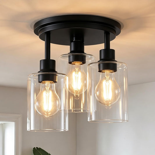 ROTTOGOON Semi Flush Mount Ceiling Light, Close to Ceiling Lights Fixtures, 3 Light Kitchen Ceiling Lights Fixtures with Glass Shades, Hallway Light Fixtures Ceiling Mount for Foyer, 9.9" x 13", Black