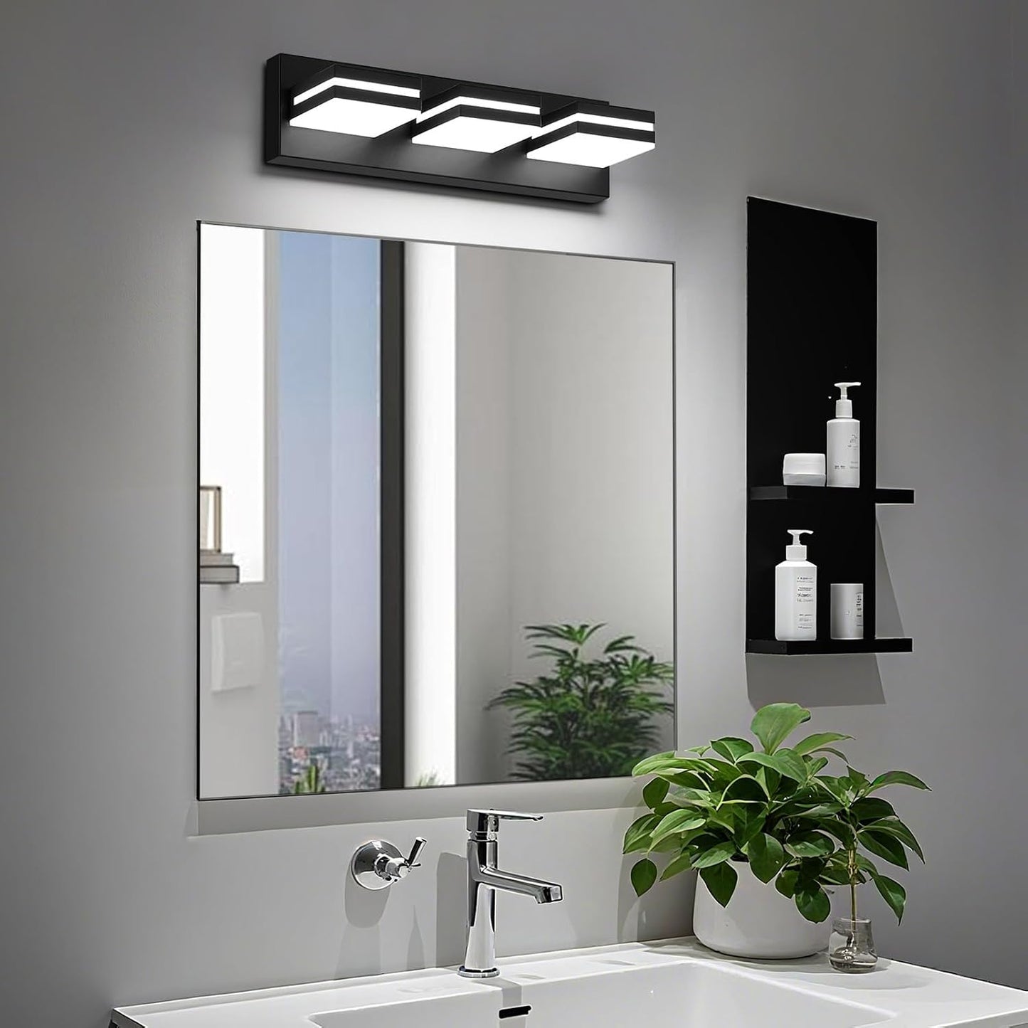 Modern LED Small Black Acrylic Bathroom Lights Fixtures 3-Light | Wall Lighting,Vanity Lights for Bathroom Over Mirror 6000K 350°Rotate（No Assembly Required）