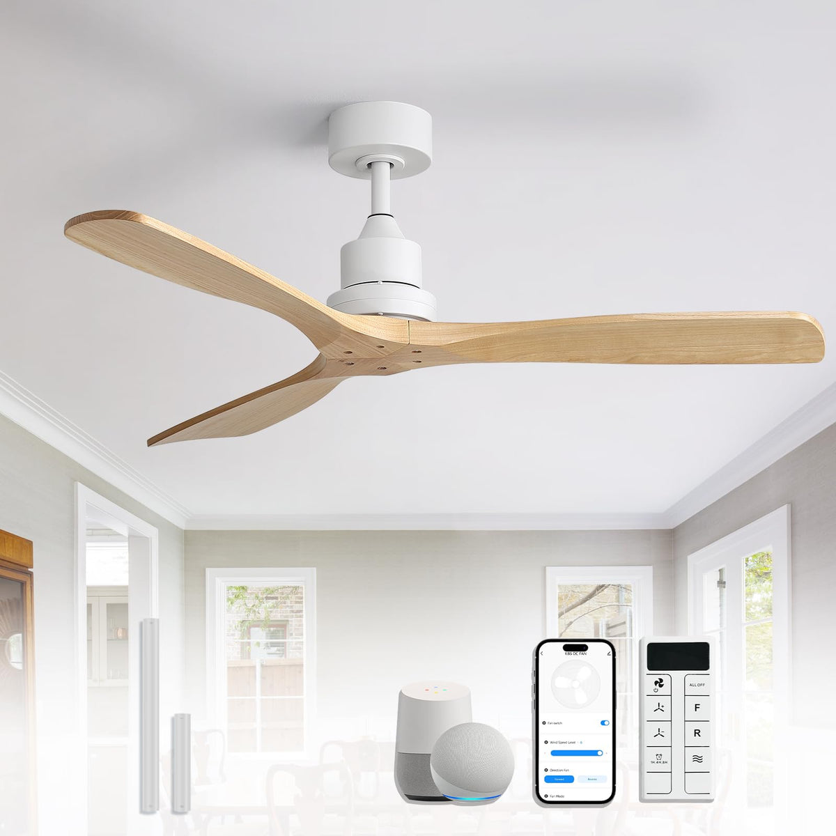 Sofucor 52 Inch Wood Ceiling Fans with Lights and Remote, Indoor/Outdoor | Modern, 3 Blade, Quiet Reversible DC Motor, 3CCT Dimmable, 6 Speeds, Timer, Bedroom/Living Room/Patio/Kitchen, Natural Wood