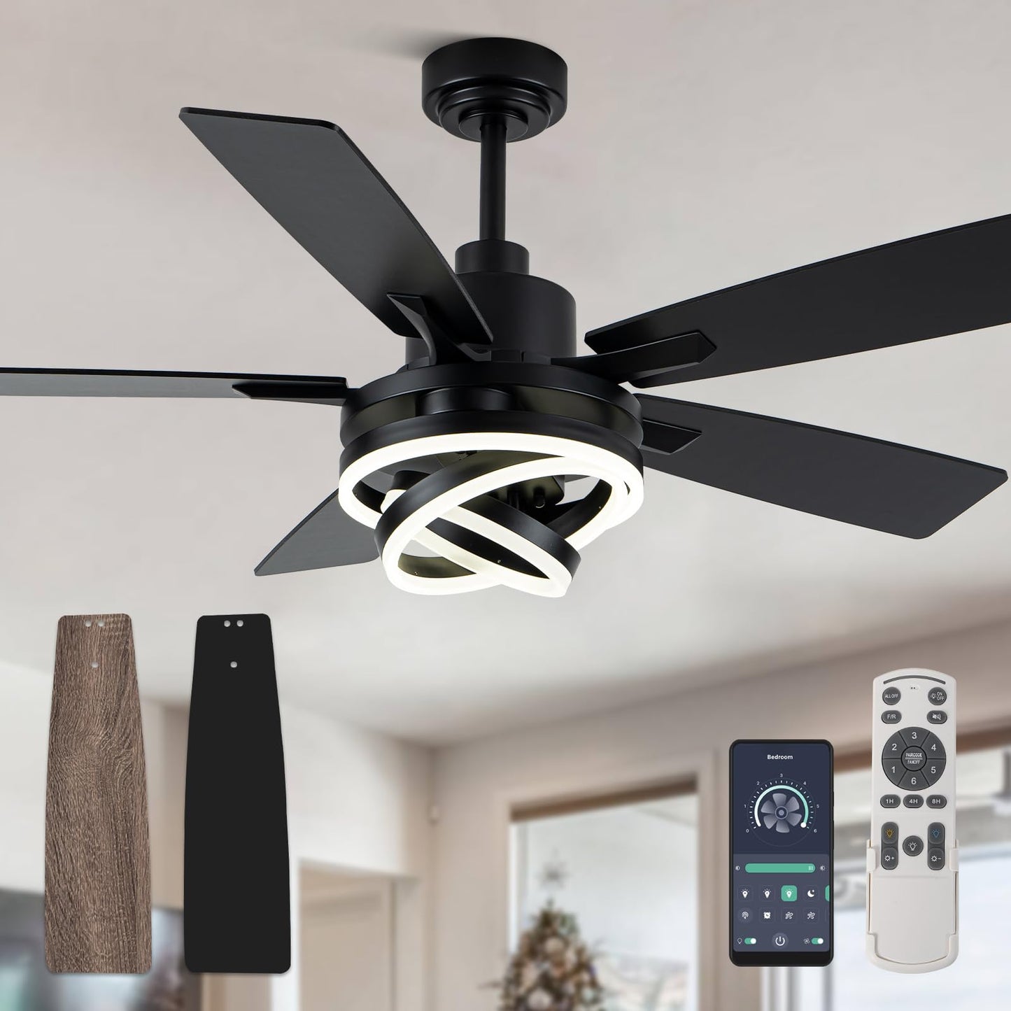 52" Black and Gold Modern Chandelier Fandelier Ceiling Fan with Light | DC motor, reversible, dimmable, 3 adjustable rings for DIY shape; for bedroom, living room.