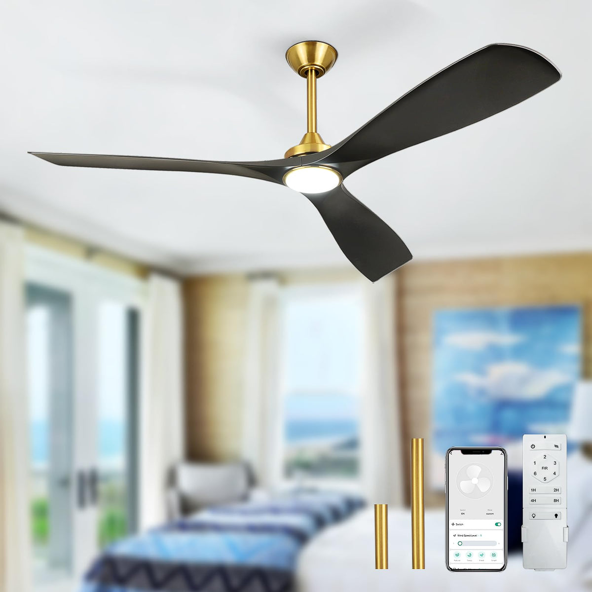 Outdoor Ceiling Fan with Light: 52 Inch 3 Blade Outdoor Fans for Patios - Modern Plastic Walnut Ceiling Fan with Dimmable Light Remote Control Ultra Quiet Reversible DC Motor Timer