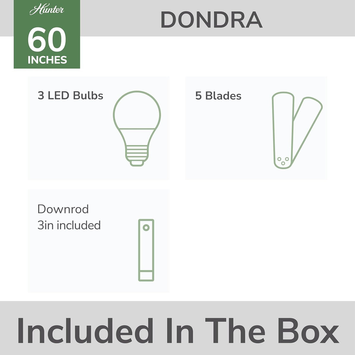 Hunter Dondra, Indoor, Ceiling Fan, with LED Lights, 60 inch, Noble Bronze | Standard Mount, Pull Chain, 5 Blades, For Bedroom, Living Room, Includes Bulbs, 52349
