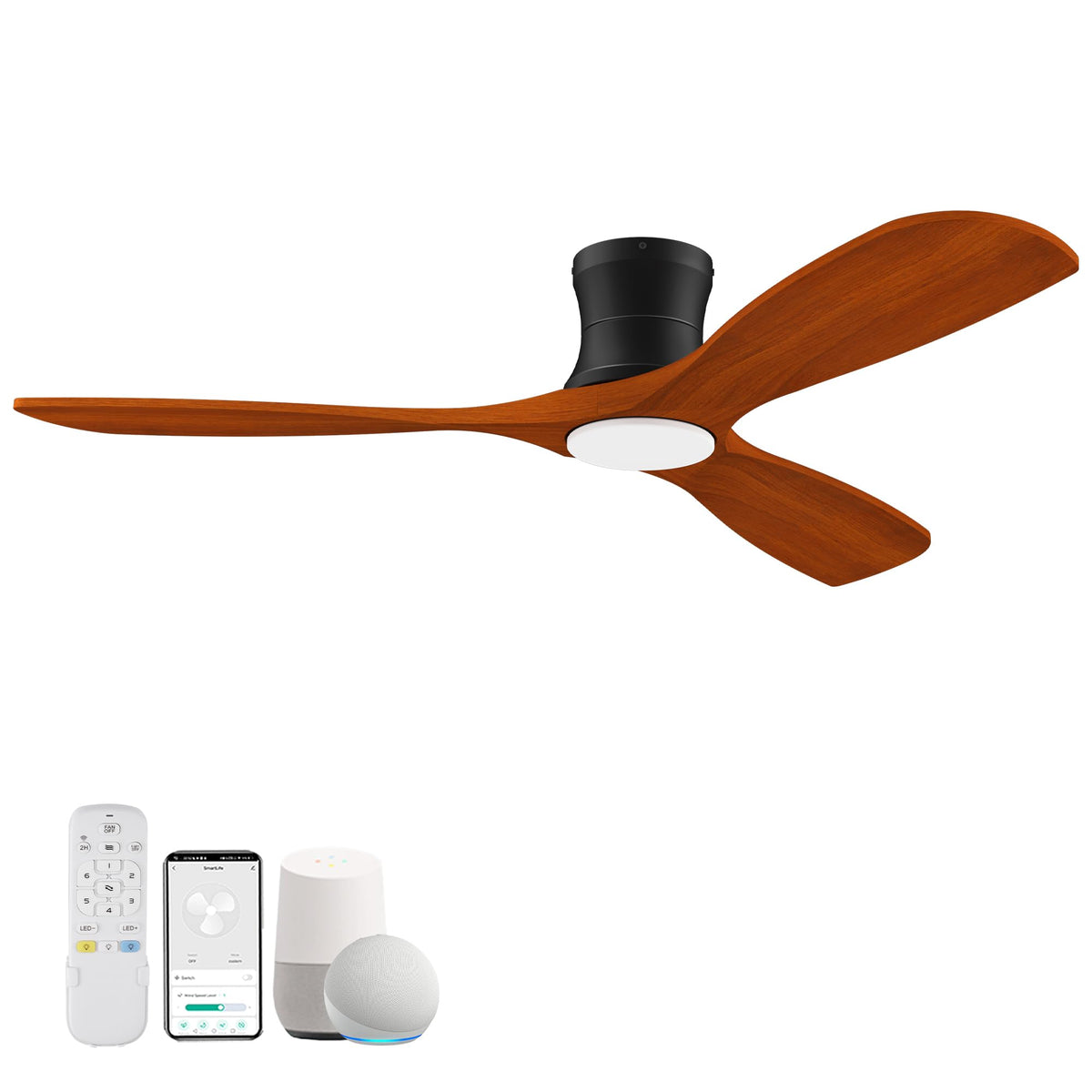 Livory 52” Wood Smart Flush Mount Ceiling Fans with Lights and Remote,Quiet DC Motor,Outdoor Indoor Ultra Low Profile Ceiling Fan works with Alexa WIFI APP,Modern White Ceiling Fan for Bedroom Patio
