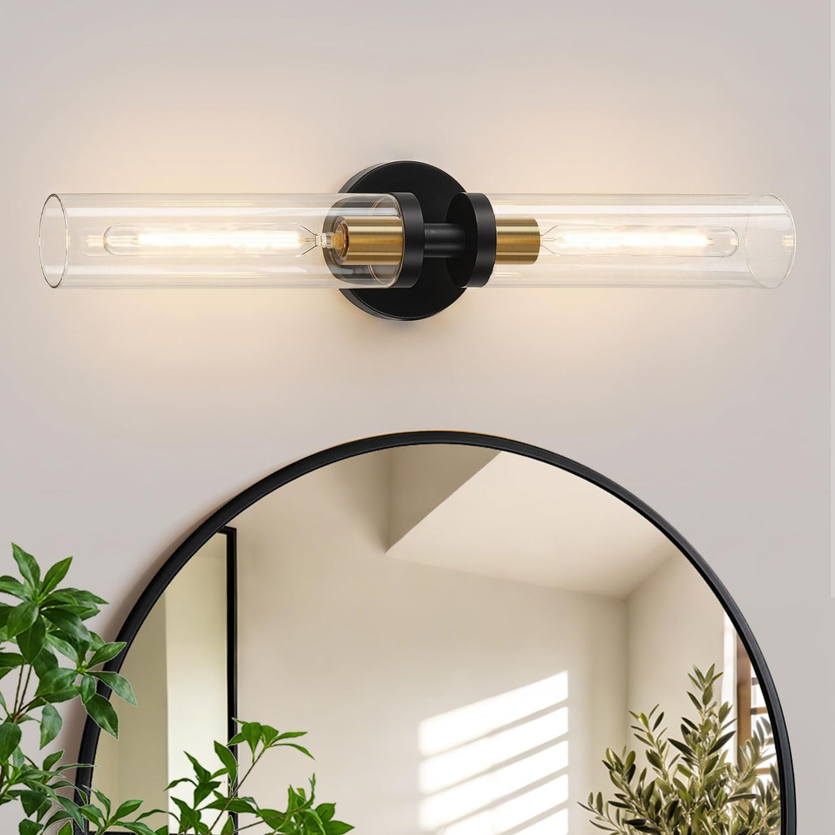 Indoi Hardwired Wall Sconces Set of Two, 22" Black and Gold Bathroom Sconces with Clear Glass, Modern Sconces Wall Decor Set of 2 Wall Light fixtures for Bathroom Mirror Living Room Hallway Bedroom