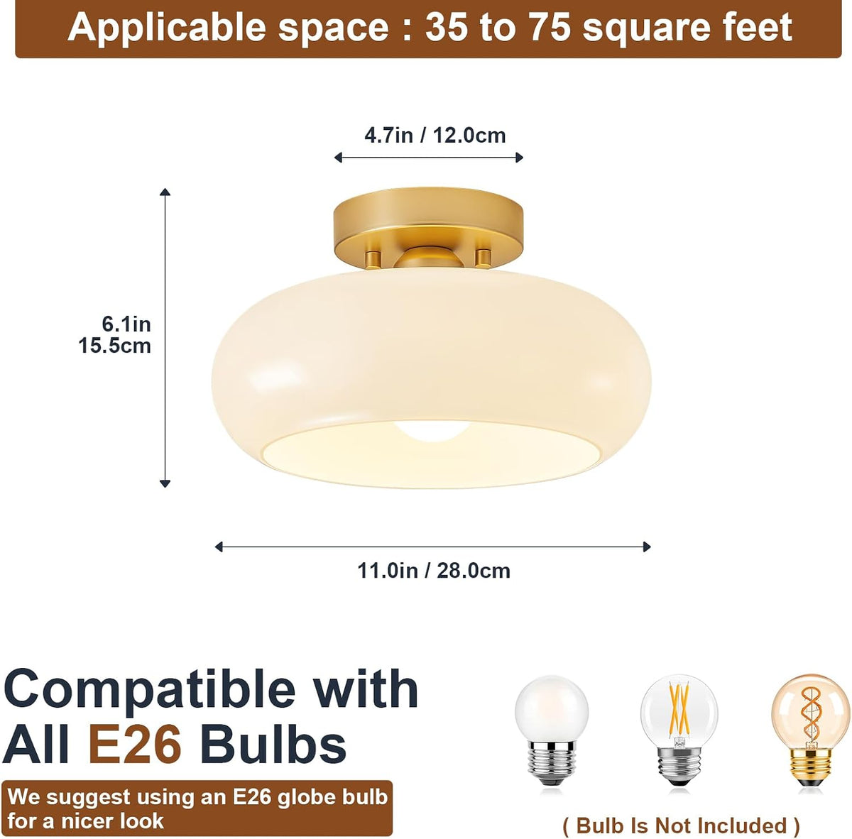 WOKNOS Mid-Century Modern Gold Semi Flush Ceiling Light 11.0 Inch | Small White Glass Shade Close to Ceiling Lighting Fixture For Kitchen Entryway Hallway Bathroom Closet Bedroom Laundry Room