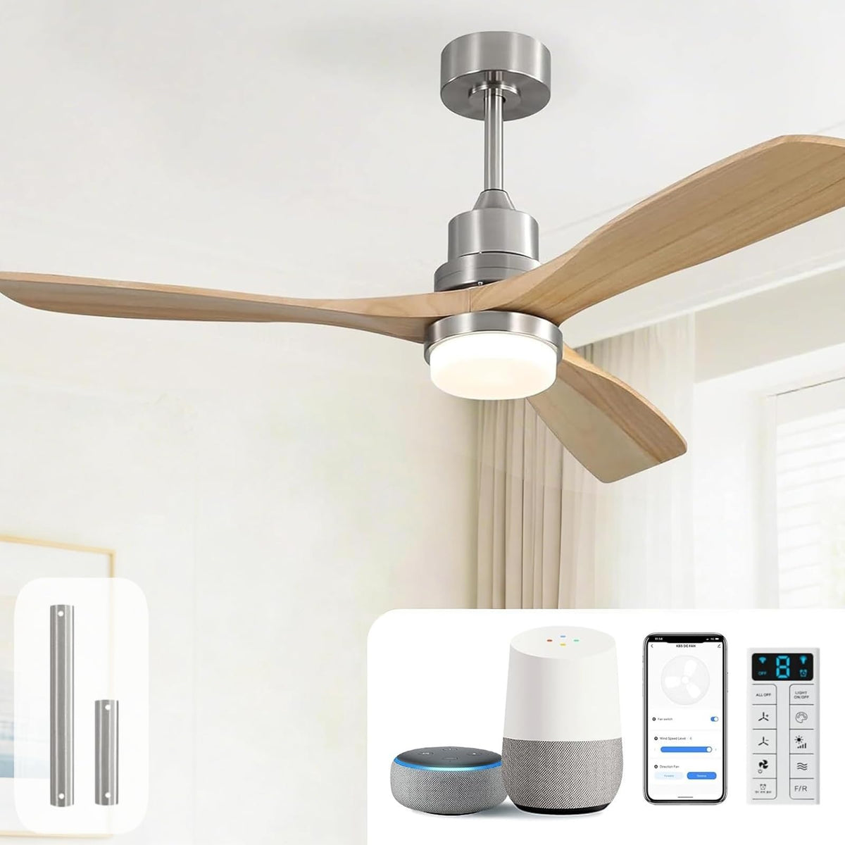 Sofucor 52 Inch Wood Ceiling Fans with Lights and Remote, Indoor/Outdoor | Modern, 3 Blade, Quiet Reversible DC Motor, 3CCT Dimmable, 6 Speeds, Timer, Bedroom/Living Room/Patio/Kitchen, Natural Wood