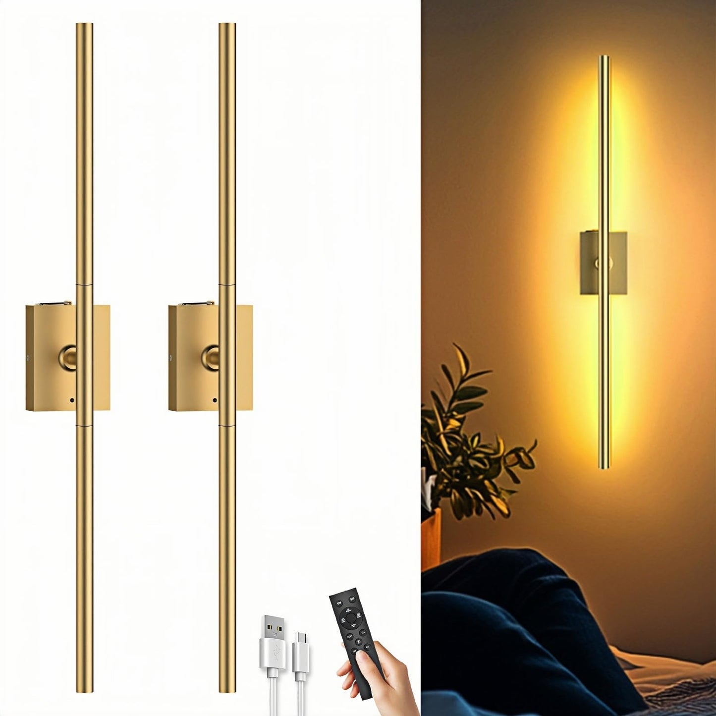 Battery Operated Wall Sconces Set of 2, 10000mAh, Black | Detachable rechargeable battery, 31.5" wireless lighting for TV wall mirror bedroom or living room decor