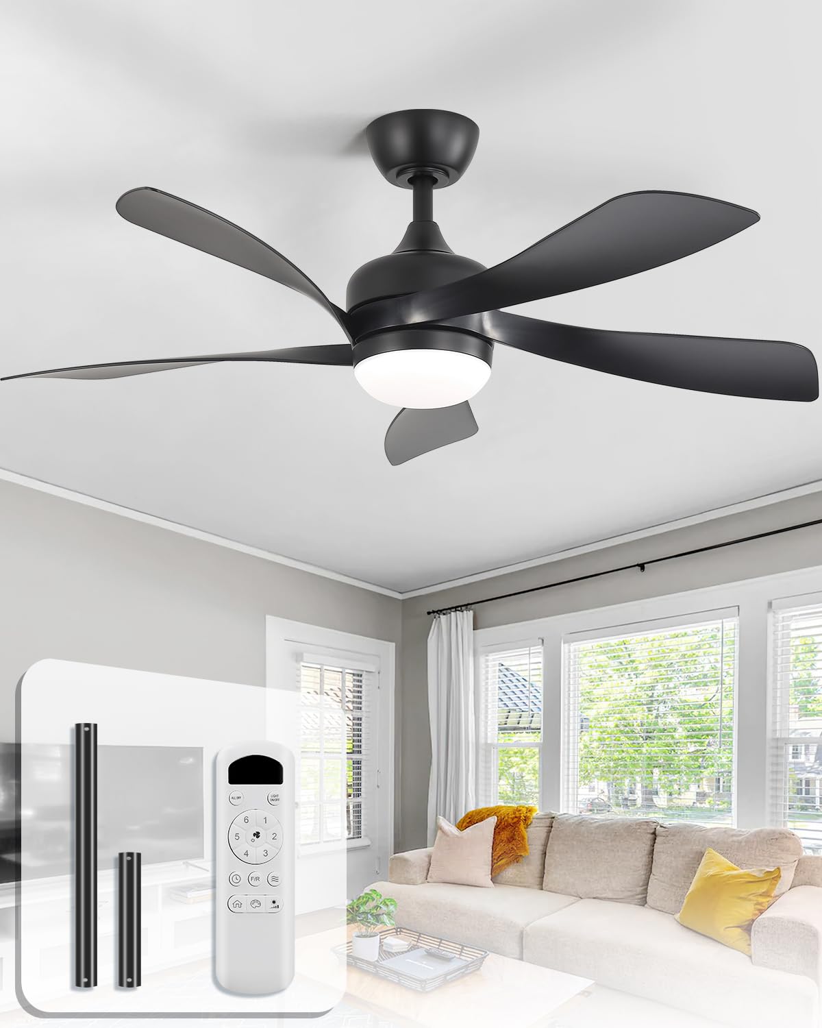 Sofucor 52 Inch Ceiling Fan with Light, 5 ABS Blades Brown | Remote Control Compatible, Reversible Quiet DC Motor, Timer, 6 Speeds, 3-CCT for Living Room Bedroom Patio Farmhouse