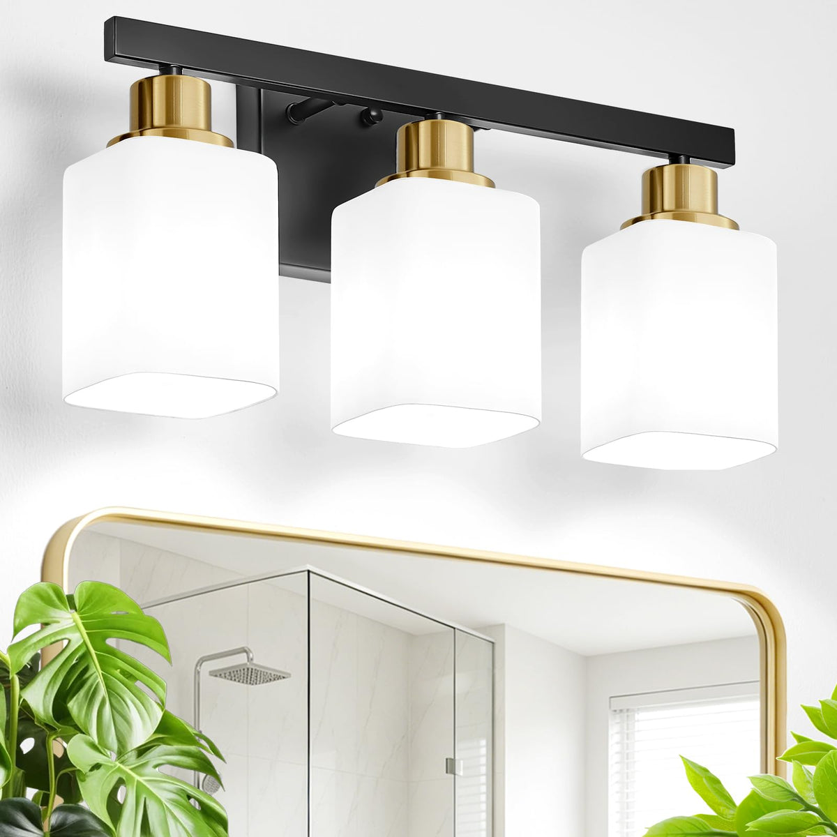 3-Light Bathroom Vanity Light,Modern Matte Black Bathroom Light Fixtures with Square Frosted Glass,Wall Sconces Lighting fixtures Over Mirror Restroom, Living Room Hallway