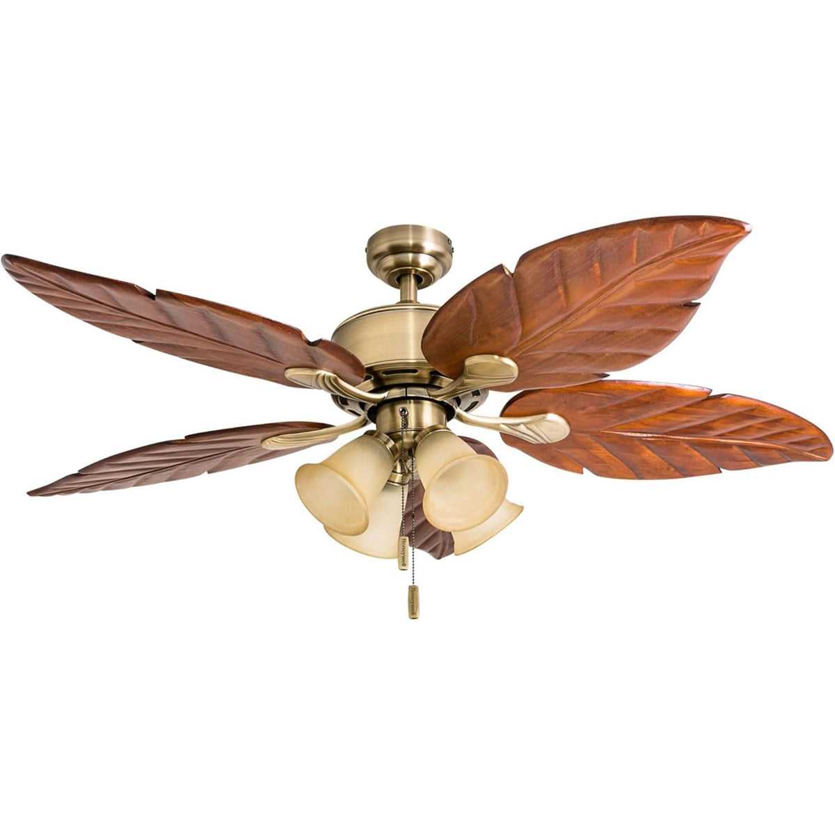 Honeywell Ceiling Fans Royal Palm, 52 Inch Tropical LED Ceiling Fan with Light, Pull Chain, Three Mounting Options, Hand Carved Solid Wood Blades - Model 50503-01 (Bronze)