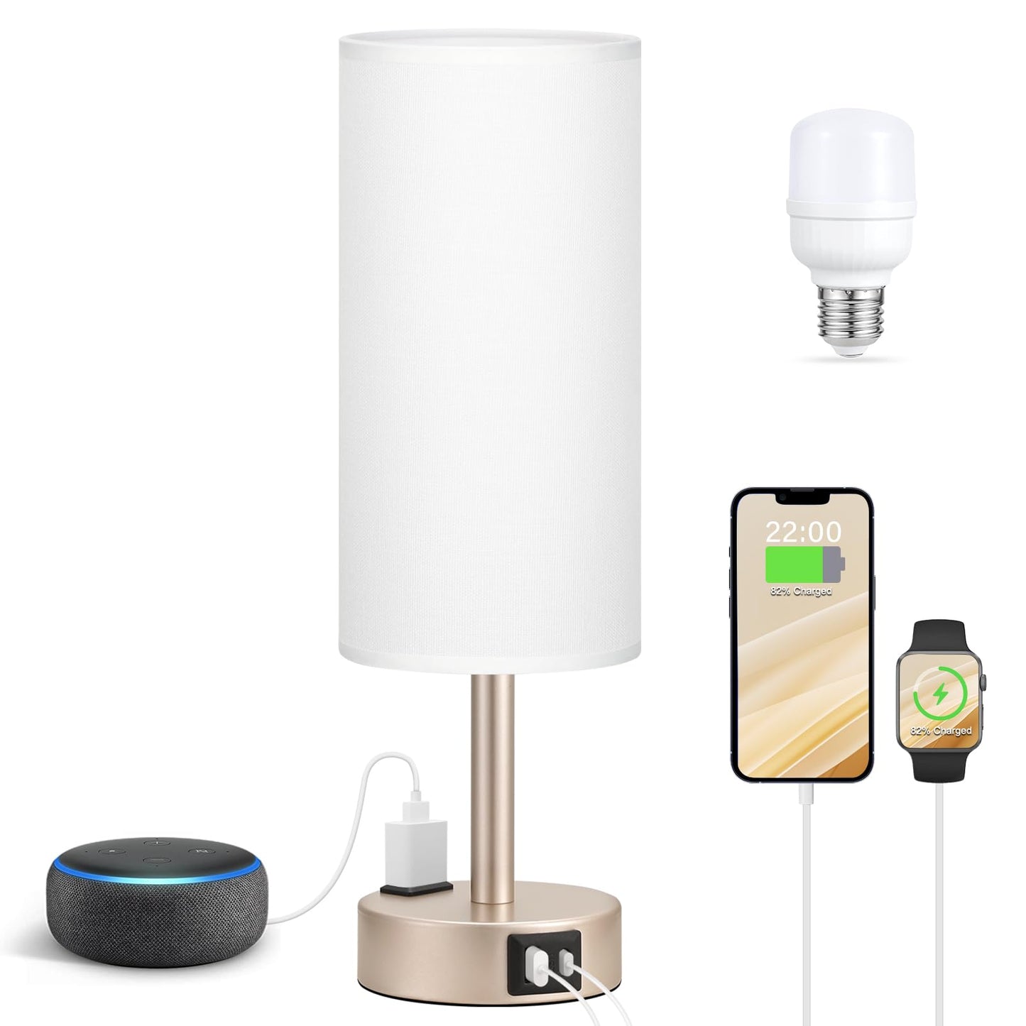 Bedside Table Lamp for Bedroom - Dimmable Touch, USB A+C, AC Outlet | 3-Way Dimmable, LED Bulb Included, Fabric Lampshade, Wood-Grain Metal Base, 14" Small Nightstand Lamp for Desk, Living Room