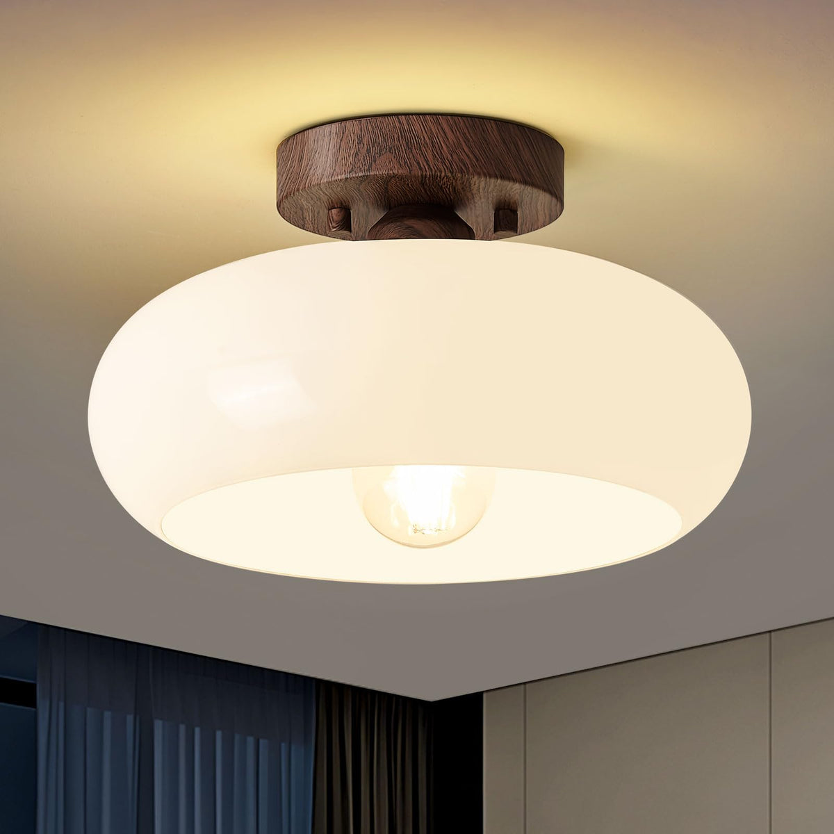 WOKNOS Mid-Century Modern Gold Semi Flush Ceiling Light 11.0 Inch | Small White Glass Shade Close to Ceiling Lighting Fixture For Kitchen Entryway Hallway Bathroom Closet Bedroom Laundry Room