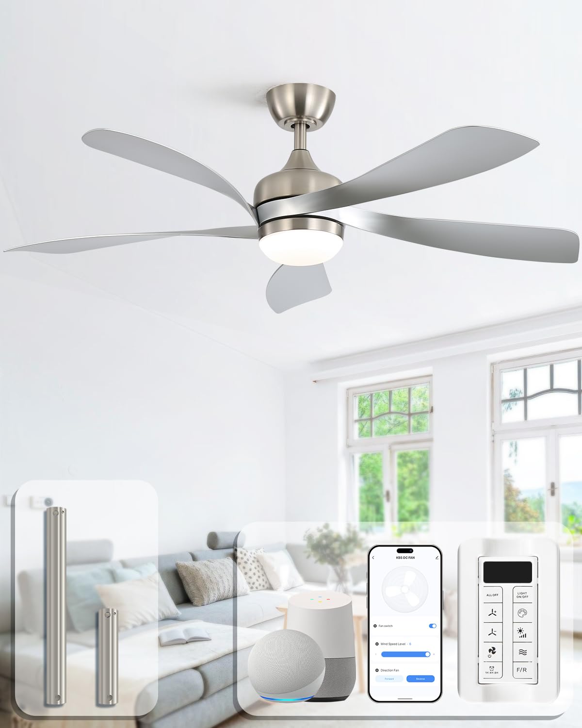 Sofucor 52 Inch Ceiling Fan with Light, 5 ABS Blades Brown | Remote Control Compatible, Reversible Quiet DC Motor, Timer, 6 Speeds, 3-CCT for Living Room Bedroom Patio Farmhouse