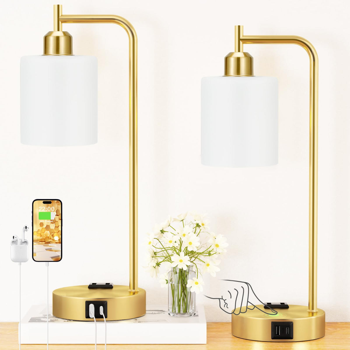 Industrial Touch Lamps for Nightstand Set of 2, 3-Way Dimmable Bedside Lamp | Glass Shade, USB C+A Charging Port & Outlet, Black Desk Lamps for Bedroom, Living Room, Home Office, Reading