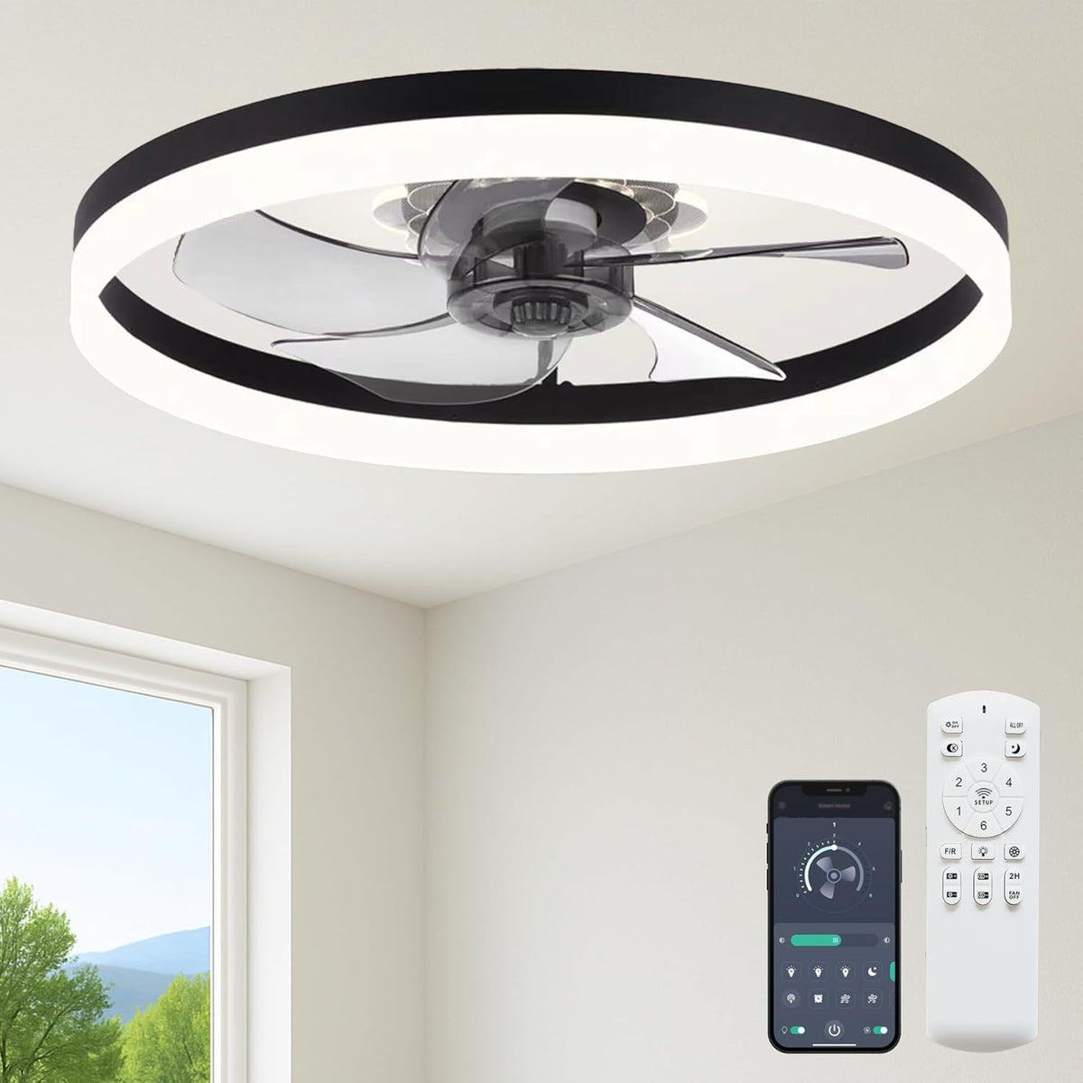FSZDORJ 20'' Ceiling Fan with Light and Remote, Low Profile Ceiling Fan with Light, Dimmable Flush Mount Ceiling Fan Light, 6 Speeds Fan, App&Remote Control, Fandelier Quiet Fan for Bedroom F115 Black