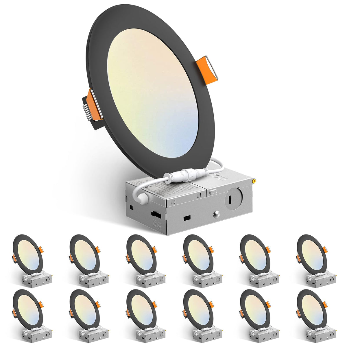 Amico 12 Pack 6 Inch LED Recessed Lighting, Canless Wafer Downlight, White | 5CCT 2700K-5000K, 5%-100% Dimmable, Ultra-thin, Metal housing, 1050LM 12W 120V, IC & Damp Rated, ETL & FCC, 50000h Life Span