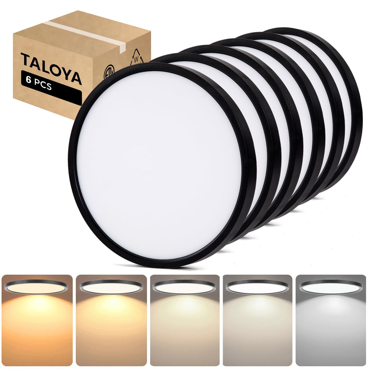 TALOYA 2 Pack 12 Inch LED Flush Mount Ceiling Light Fixture,20W 5CCT | Edge-Lit LED Ceiling Light Fixture for Bedroom,Kitchen,Laundry,Basement,Closet Room,3000K-6500K,100-240V Compatible,White