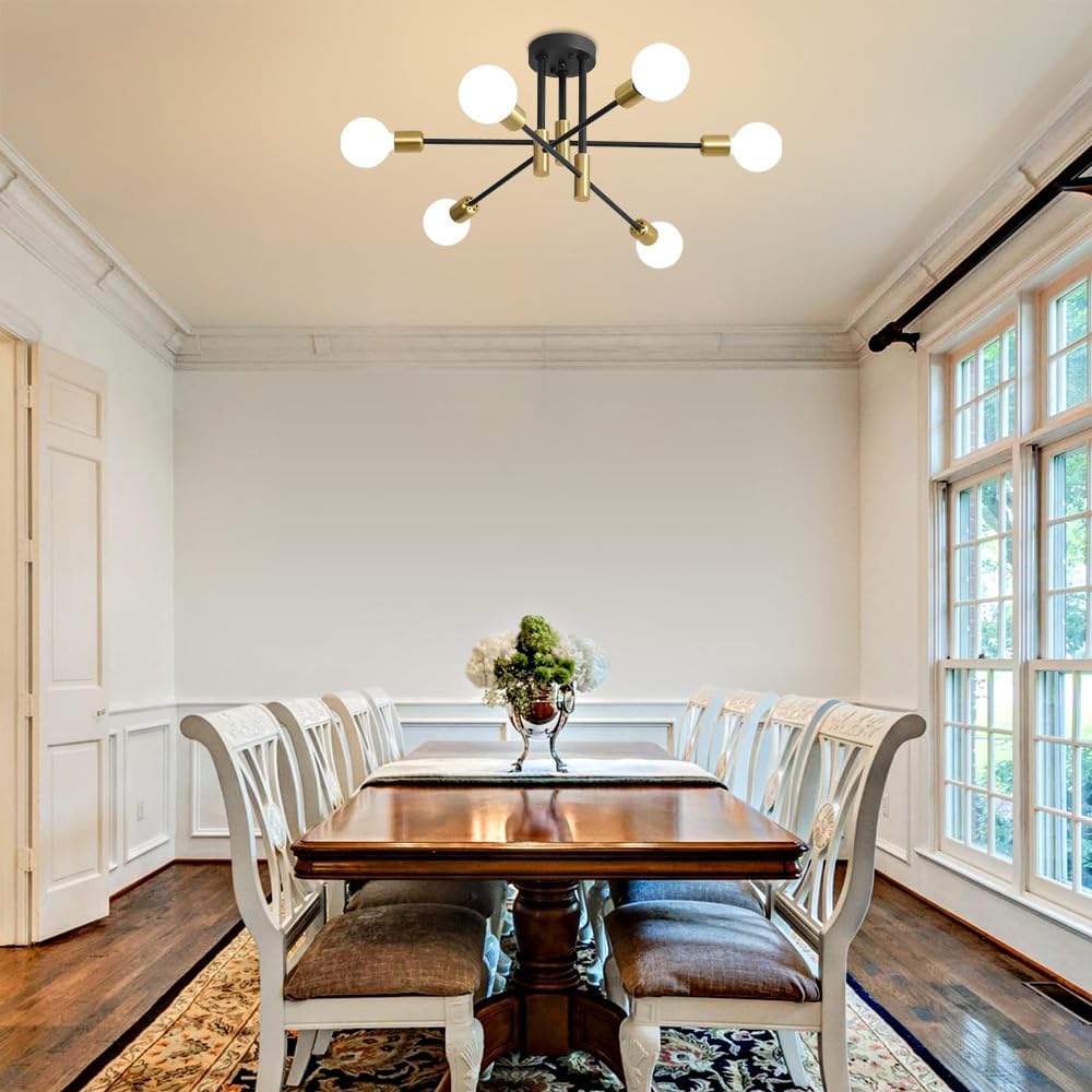 Modern Chandelier Ceiling Light Fixture, 6-Light Sputnik Dining Chandeliers | 31.18" Gold Chandelier Over Table, Mid Century Lights Fixture, Ideal for Dining Room Living Room Kitchen Island(No Lampshade)