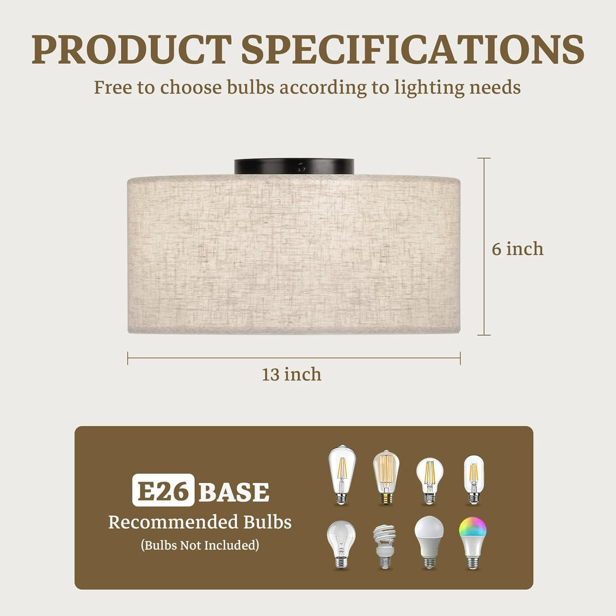 Vexagyle 13inch Semi Flush Mount Ceiling Light Fixture,3-Light Ceiling Mount Drum Light Fixture with Linen Shade,Modern Close to Ceiling Lamps for Living Room, Bedroom, Dining Room,Hallway