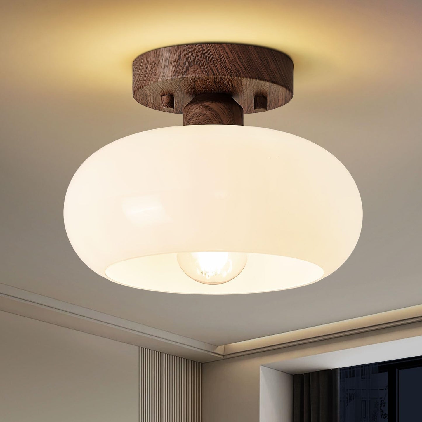 WOKNOS Mid-Century Modern Gold Semi Flush Ceiling Light 11.0 Inch | Small White Glass Shade Close to Ceiling Lighting Fixture For Kitchen Entryway Hallway Bathroom Closet Bedroom Laundry Room
