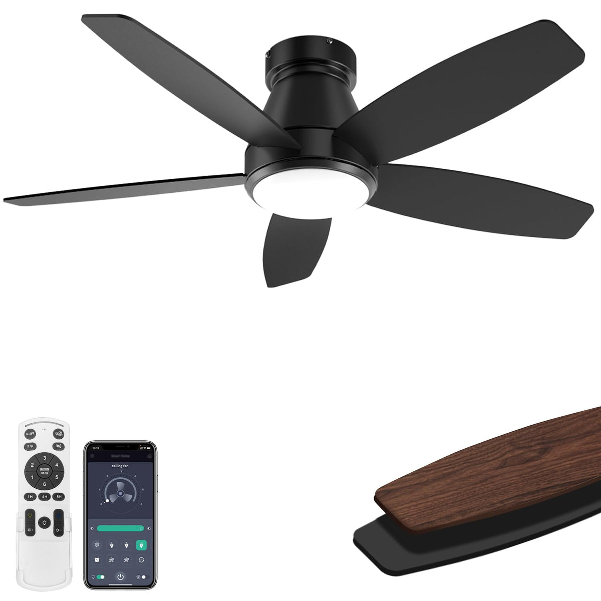 42 Inch Ceiling Fans with Lights, Quiet Reversible Fan with DC Motor, Remote & APP Control, 6-Speed, 3 Color Temperatures, Dimmable, Ceiling Fan for Bedroom Living Room,Black