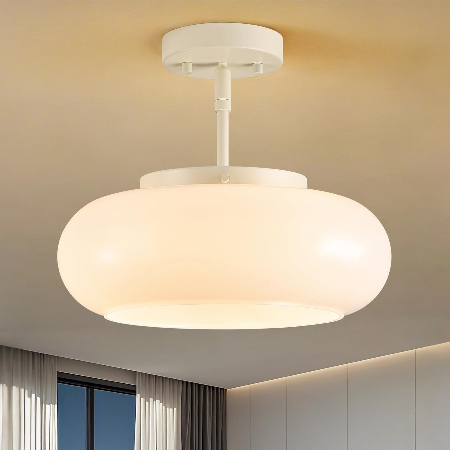 WOKNOS Mid-Century Modern Gold Semi Flush Ceiling Light 11.0 Inch | Small White Glass Shade Close to Ceiling Lighting Fixture For Kitchen Entryway Hallway Bathroom Closet Bedroom Laundry Room