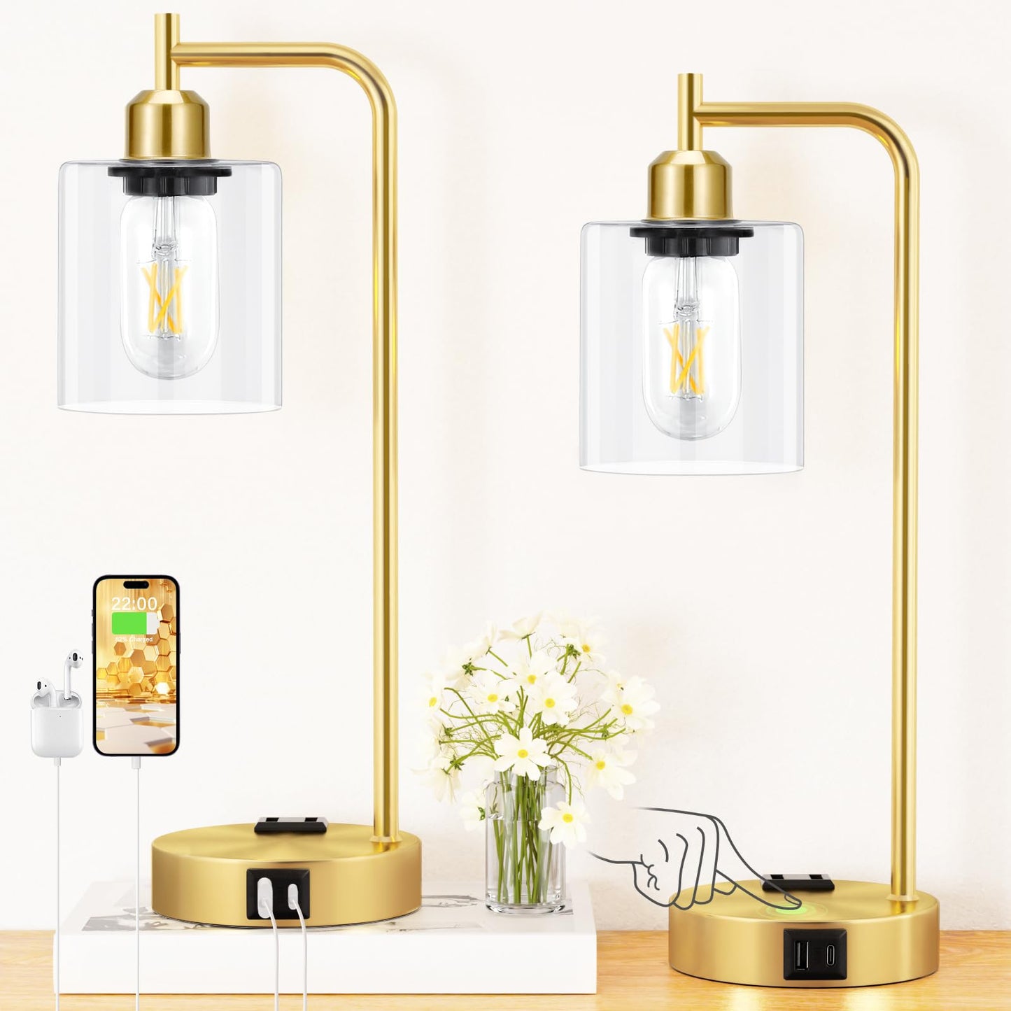 Industrial Touch Lamps for Nightstand Set of 2, 3-Way Dimmable Bedside Lamp | Glass Shade, USB C+A Charging Port & Outlet, Black Desk Lamps for Bedroom, Living Room, Home Office, Reading