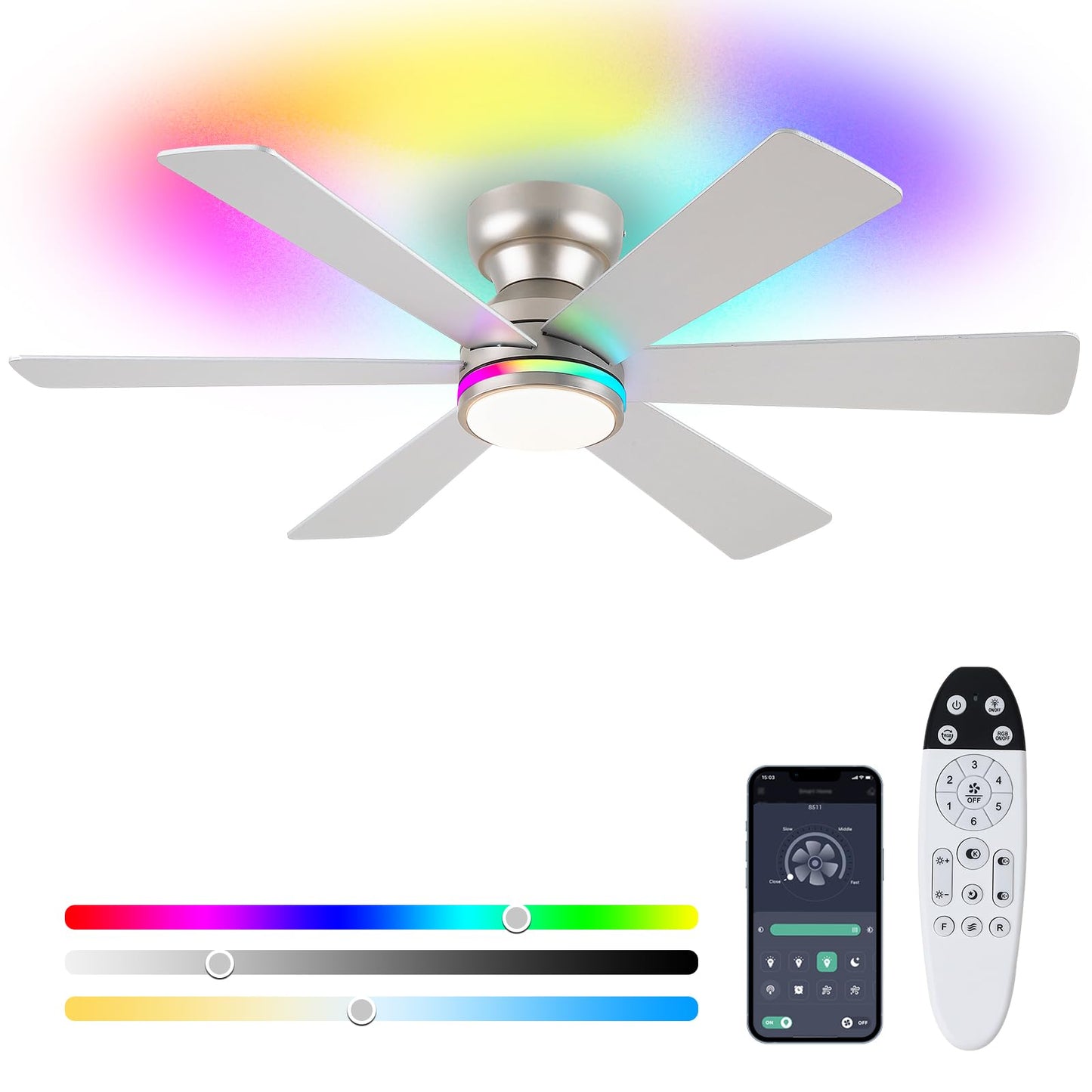 Asyko 46"Black 6-Blade Modern Low Profile Ceiling Fan with Light and Remote | 6 Double-Sided Blades,6 Wind Speeds, Reversible,Dimmable 3 CCT LED Light, 25W Quiet DC Motor,1/2H Timer,for Bedroom Kitchen
