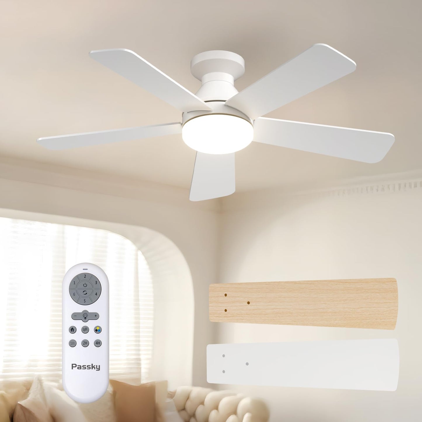 Passky 52 Inch Black Low Profile Ceiling Fans with Lights and Remote | Flush mount, 3-color dimmable light, quiet reversible DC motor, easy install, memory, APP, bedroom, covered outdoor areas