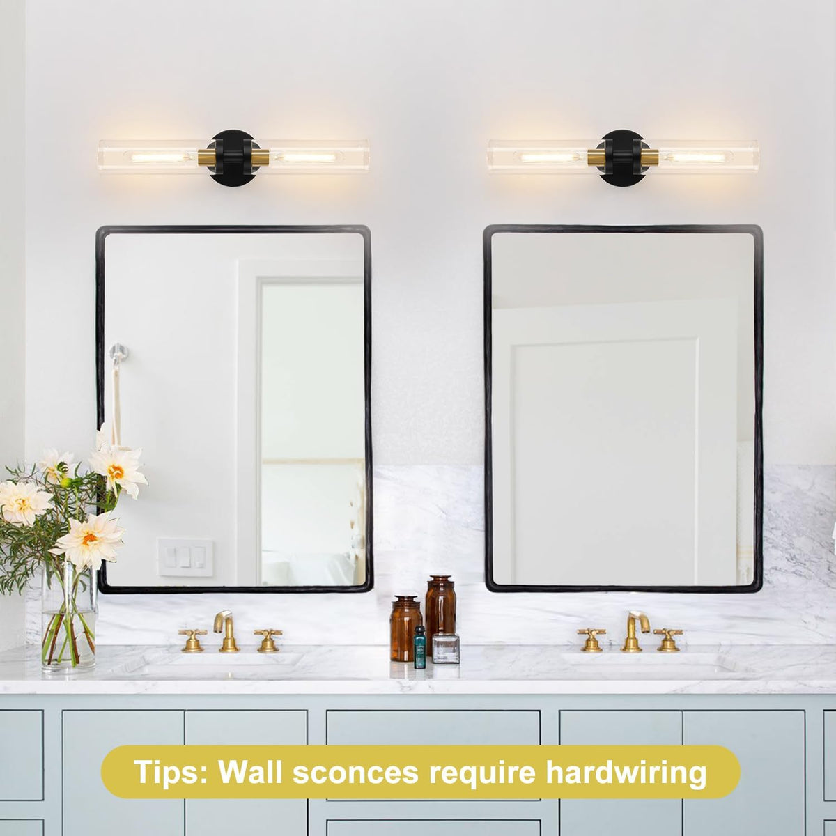 Indoi Hardwired Wall Sconces Set of Two, 22" Black and Gold Bathroom Sconces with Clear Glass, Modern Sconces Wall Decor Set of 2 Wall Light fixtures for Bathroom Mirror Living Room Hallway Bedroom